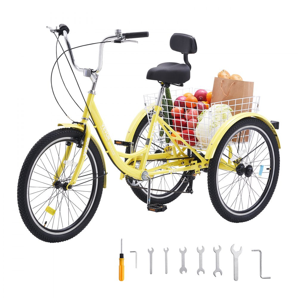VEVOR Adult Tricycles Bike, 7 Speed Adult Trikes, 24 Inch Three-Wheeled Bicycles, Carbon Steel Cruiser Bike with Basket and Adjustable Seat, Picnic Shopping Tricycles for Seniors, Women, Men  (Yellow) 