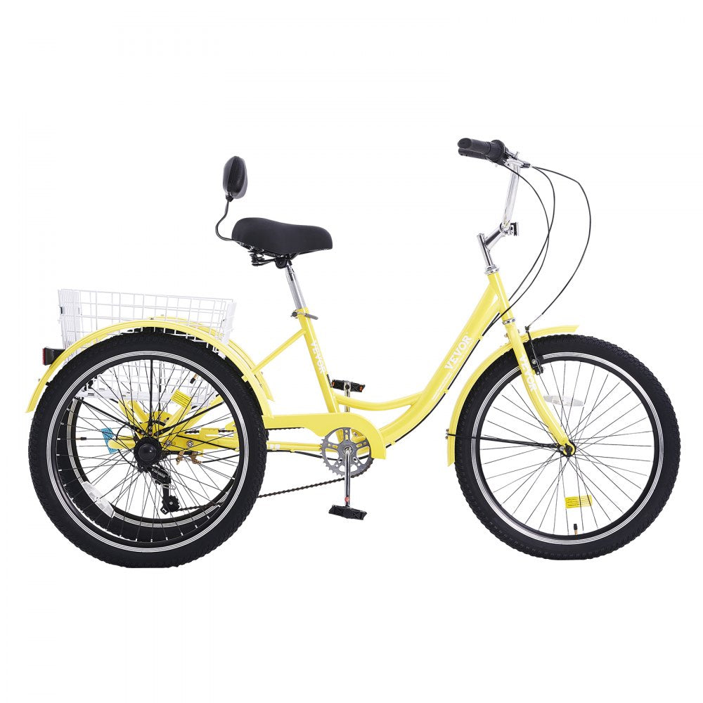 VEVOR Adult Tricycles Bike, 7 Speed Adult Trikes, 24 Inch Three-Wheeled Bicycles, Carbon Steel Cruiser Bike with Basket and Adjustable Seat, Picnic Shopping Tricycles for Seniors, Women, Men  (Yellow) 