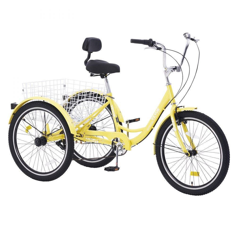 VEVOR Adult Tricycles Bike, 7 Speed Adult Trikes, 24 Inch Three-Wheeled Bicycles, Carbon Steel Cruiser Bike with Basket and Adjustable Seat, Picnic Shopping Tricycles for Seniors, Women, Men  (Yellow) 
