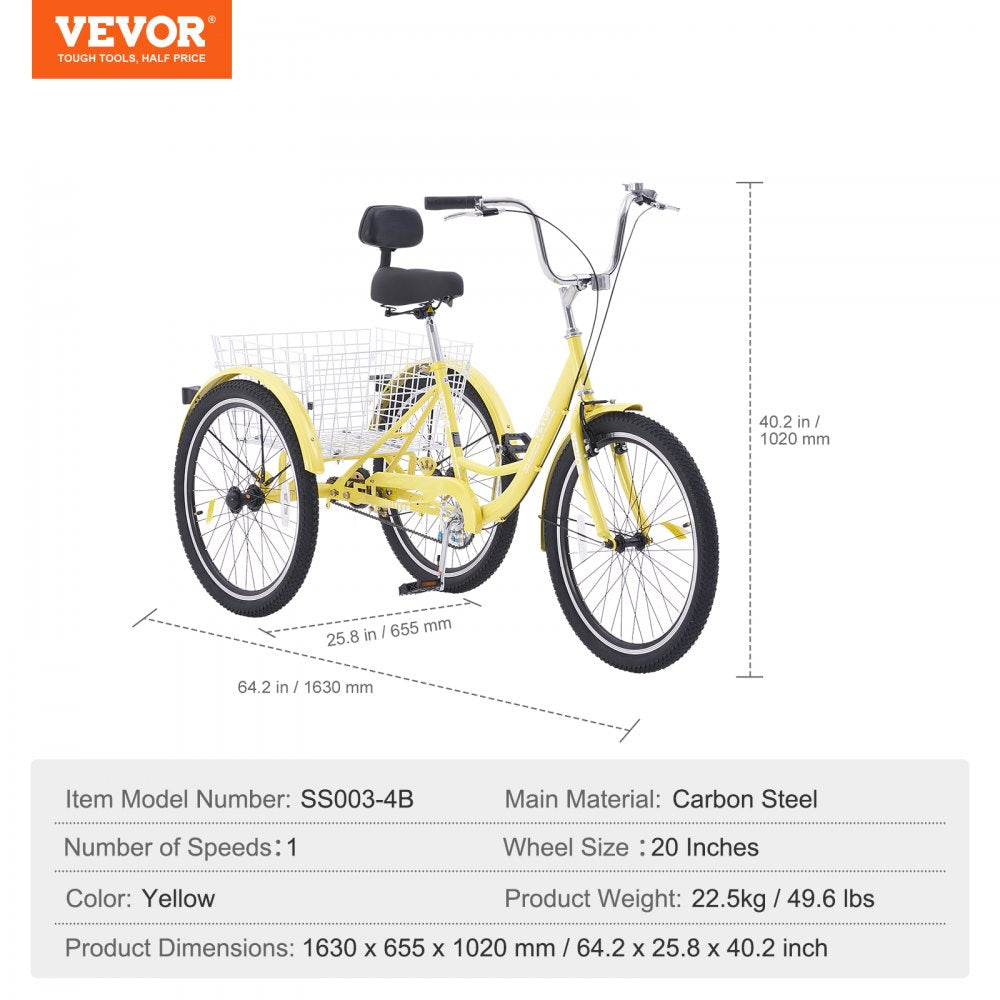 VEVOR Adult Tricycles Bike, 20 Inch Three-Wheeled Bicycles, 3 Wheel Bikes Trikes, Carbon Steel Cruiser Bike with Basket & Adjustable Seat, Picnic Shopping Tricycles for Seniors, Women, Men (Yellow) 