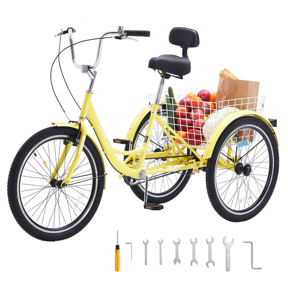 VEVOR Adult Tricycles Bike, 20 Inch Three-Wheeled Bicycles, 3 Wheel Bikes Trikes, Carbon Steel Cruiser Bike with Basket & Adjustable Seat, Picnic Shopping Tricycles for Seniors, Women, Men (Yellow) 