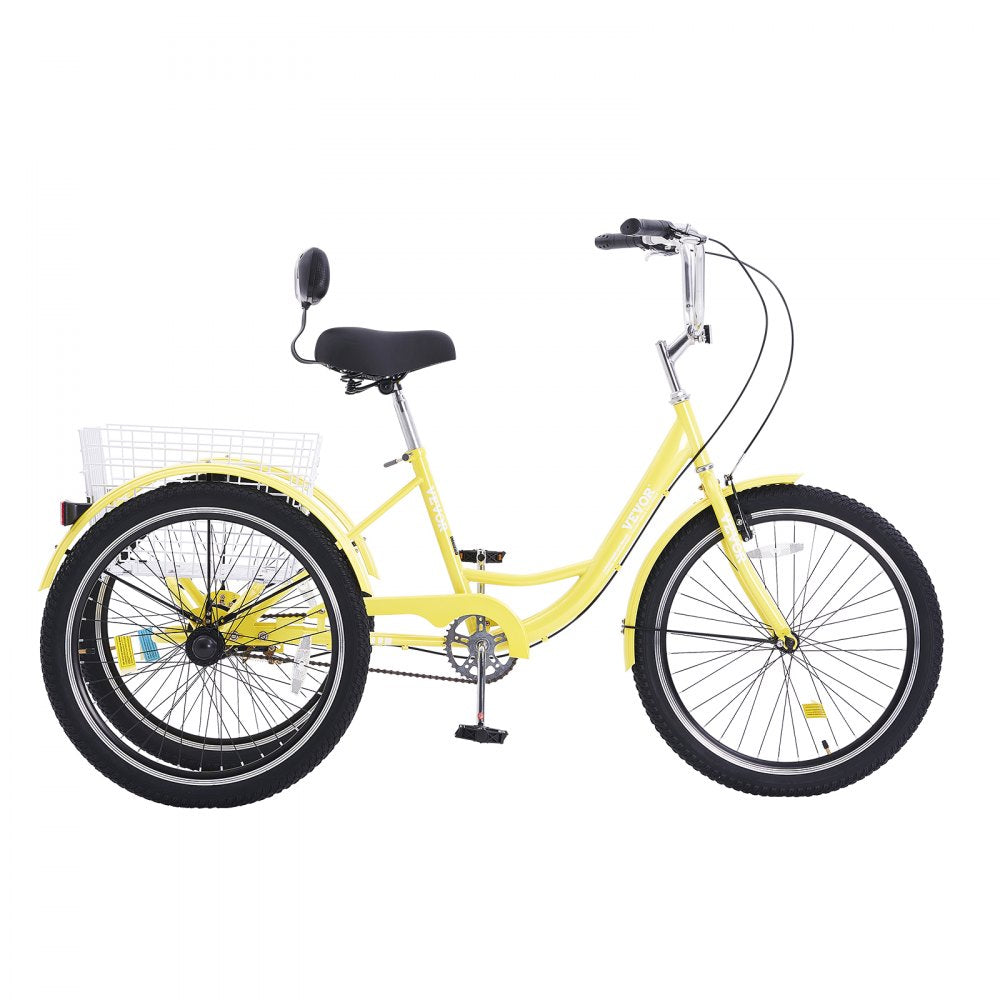 VEVOR Adult Tricycles Bike, 20 Inch Three-Wheeled Bicycles, 3 Wheel Bikes Trikes, Carbon Steel Cruiser Bike with Basket & Adjustable Seat, Picnic Shopping Tricycles for Seniors, Women, Men (Yellow) 