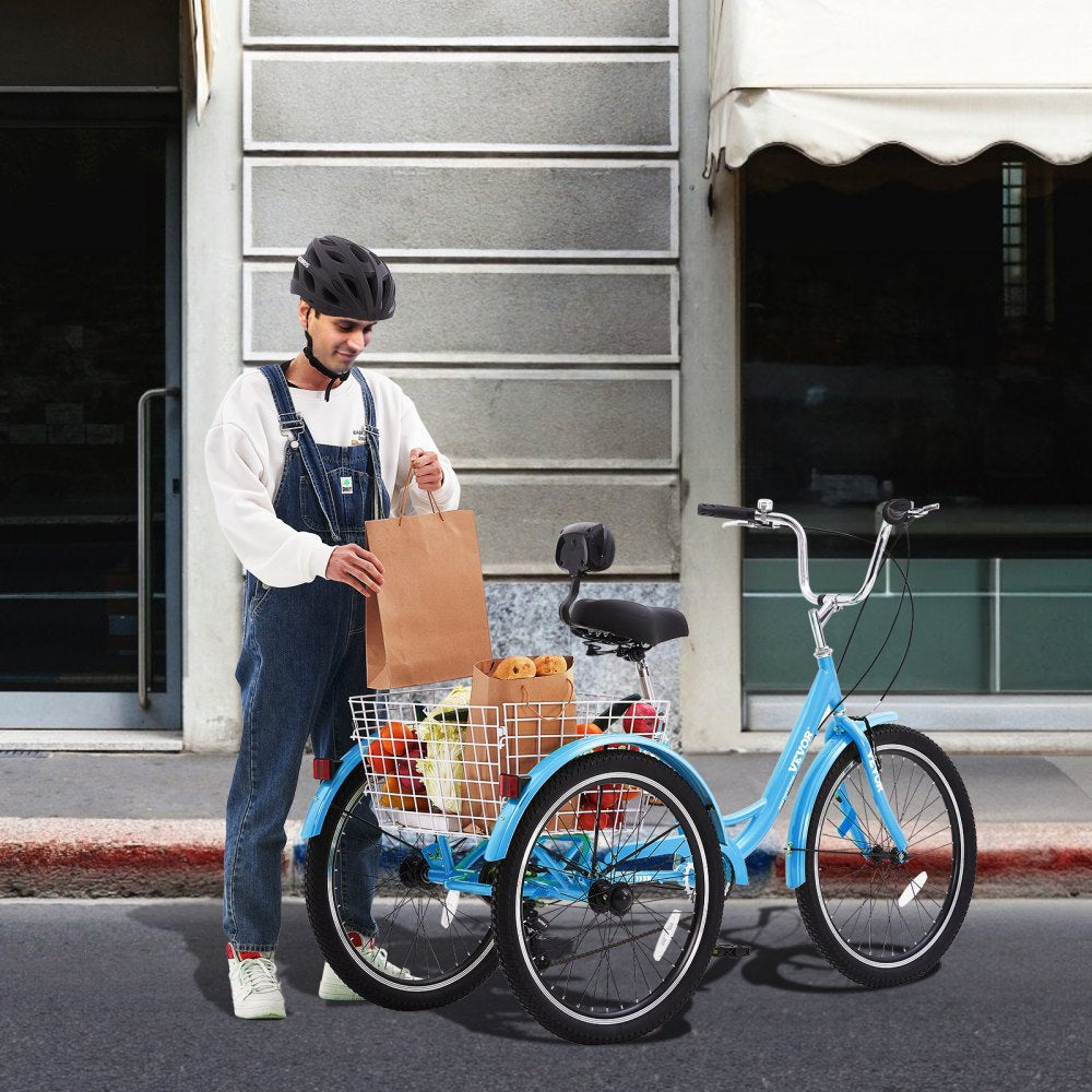 VEVOR Adult Tricycles Bike, 7 Speed Adult Trikes, 24 Inch Three-Wheeled Bicycles, Carbon Steel Cruiser Bike with Basket and Adjustable Seat, Picnic Shopping Tricycles for Seniors, Women, Men (Blue) 