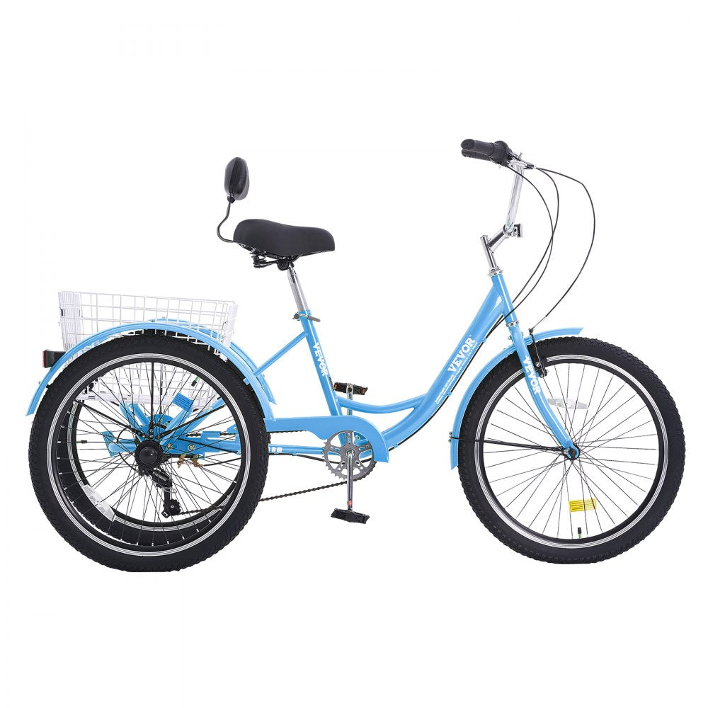 VEVOR Adult Tricycles Bike, 7 Speed Adult Trikes, 24 Inch Three-Wheeled Bicycles, Carbon Steel Cruiser Bike with Basket and Adjustable Seat, Picnic Shopping Tricycles for Seniors, Women, Men (Blue) 