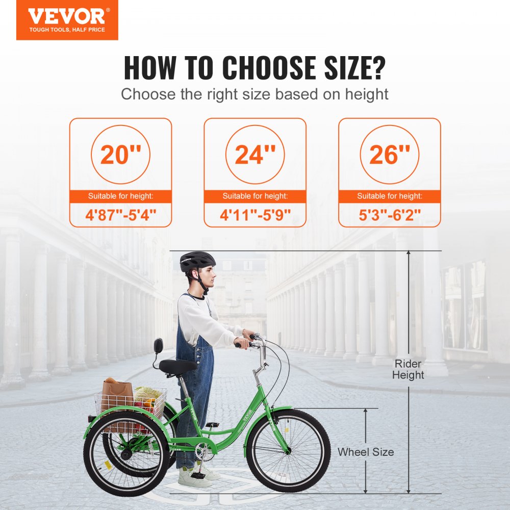 VEVOR Adult Tricycles Bike, 24 Inch Three-Wheeled Bicycles, 3 Wheel Bikes Trikes, Carbon Steel Cruiser Bike with Basket & Adjustable Seat, Picnic Shopping Tricycles for Seniors, Women, Men (Green) 