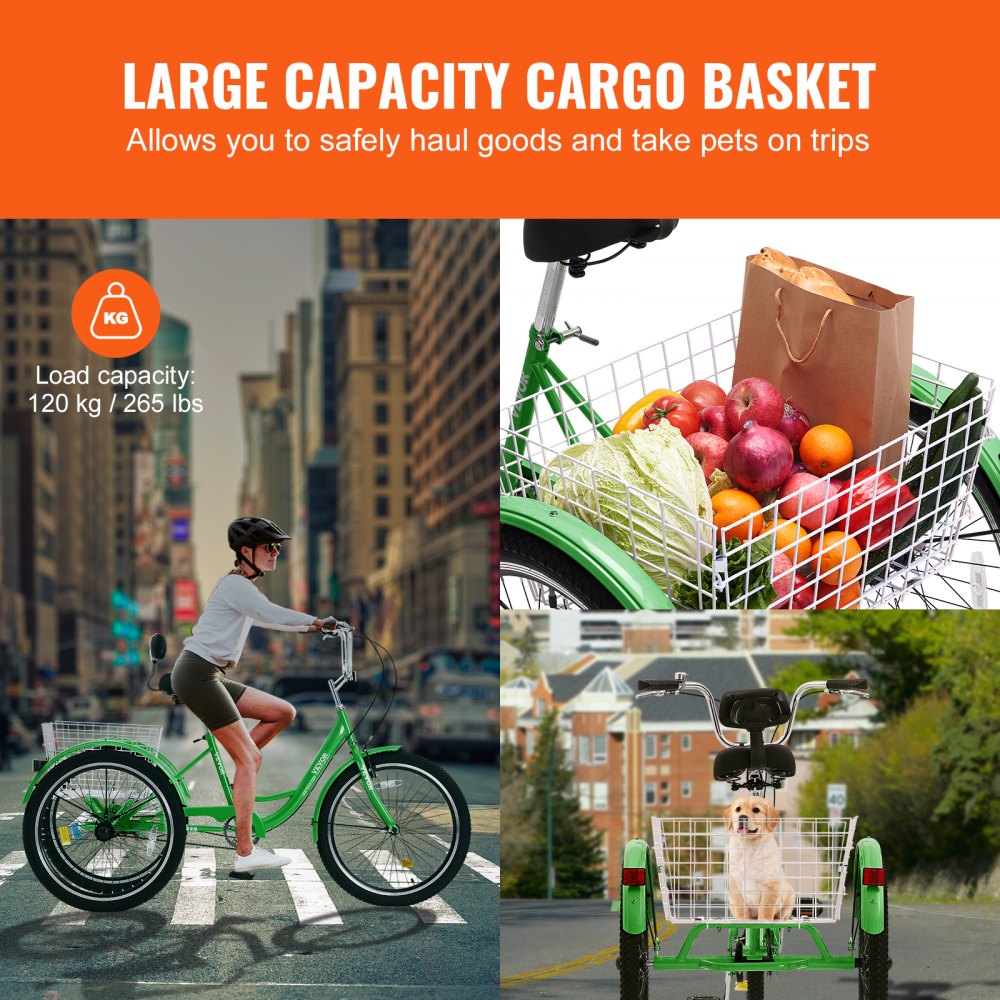 VEVOR Adult Tricycles Bike, 24 Inch Three-Wheeled Bicycles, 3 Wheel Bikes Trikes, Carbon Steel Cruiser Bike with Basket & Adjustable Seat, Picnic Shopping Tricycles for Seniors, Women, Men (Green) 
