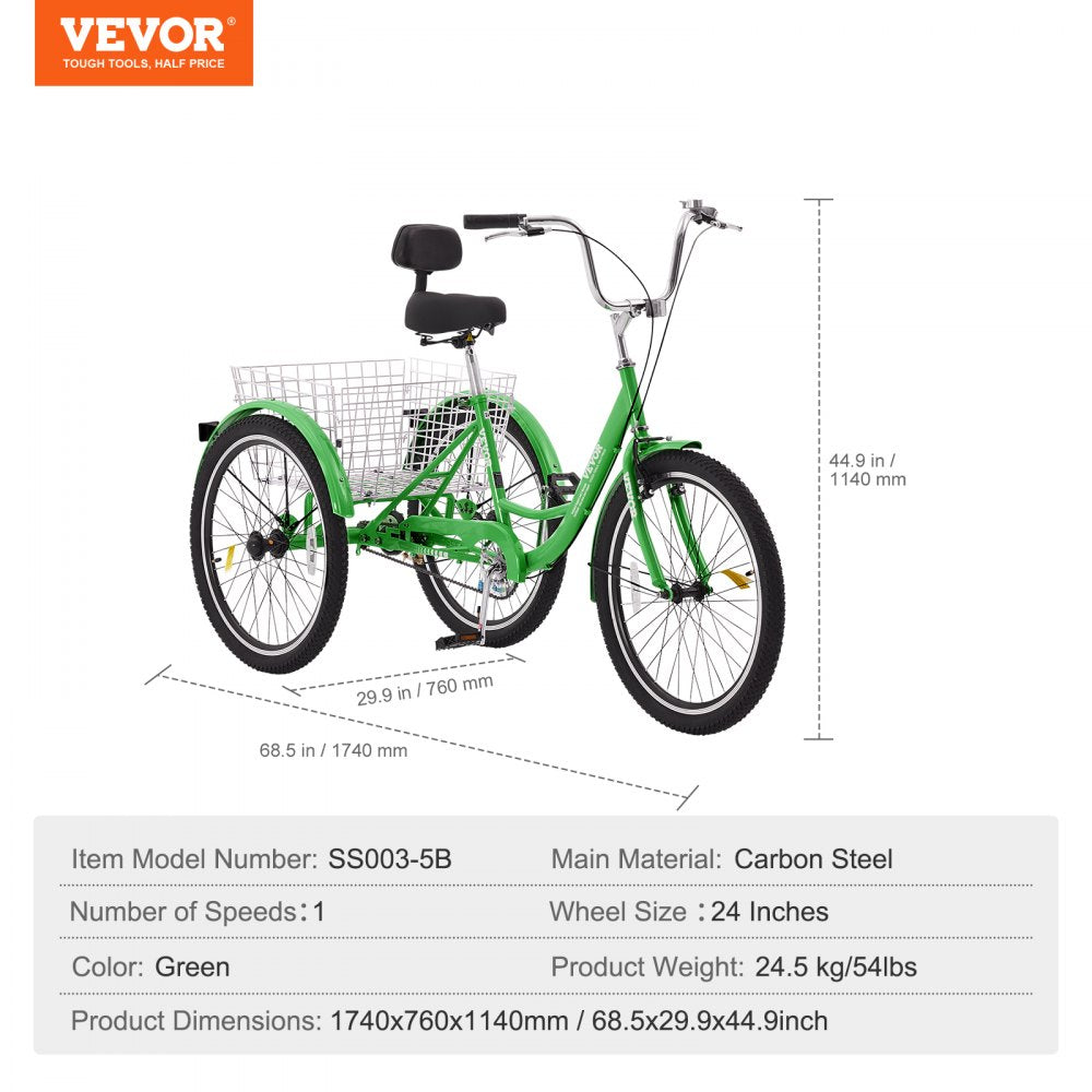 VEVOR Adult Tricycles Bike, 24 Inch Three-Wheeled Bicycles, 3 Wheel Bikes Trikes, Carbon Steel Cruiser Bike with Basket & Adjustable Seat, Picnic Shopping Tricycles for Seniors, Women, Men (Green) 