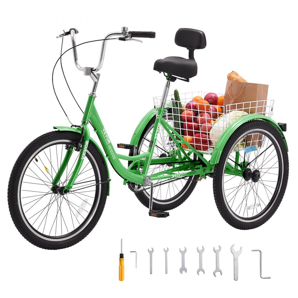 VEVOR Adult Tricycles Bike, 24 Inch Three-Wheeled Bicycles, 3 Wheel Bikes Trikes, Carbon Steel Cruiser Bike with Basket & Adjustable Seat, Picnic Shopping Tricycles for Seniors, Women, Men (Green) 