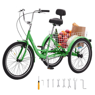 VEVOR Adult Tricycles Bike, 24 Inch Three-Wheeled Bicycles, 3 Wheel Bikes Trikes, Carbon Steel Cruiser Bike with Basket & Adjustable Seat, Picnic Shopping Tricycles for Seniors, Women, Men (Green) 
