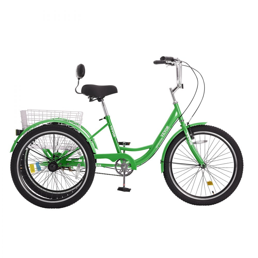 VEVOR Adult Tricycles Bike, 24 Inch Three-Wheeled Bicycles, 3 Wheel Bikes Trikes, Carbon Steel Cruiser Bike with Basket & Adjustable Seat, Picnic Shopping Tricycles for Seniors, Women, Men (Green) 