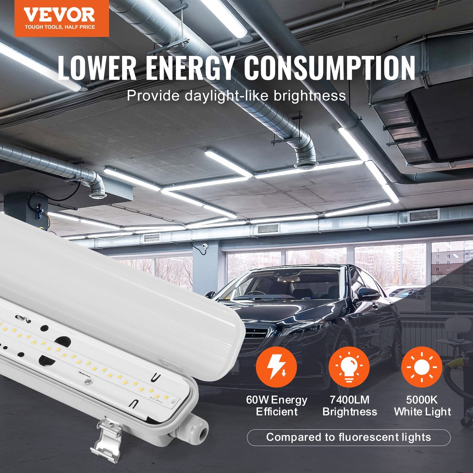 VEVOR 4PCS 4FT LED Vapor Tight Light 60W 7400LM Vapor Proof Light Fixture 5000K 