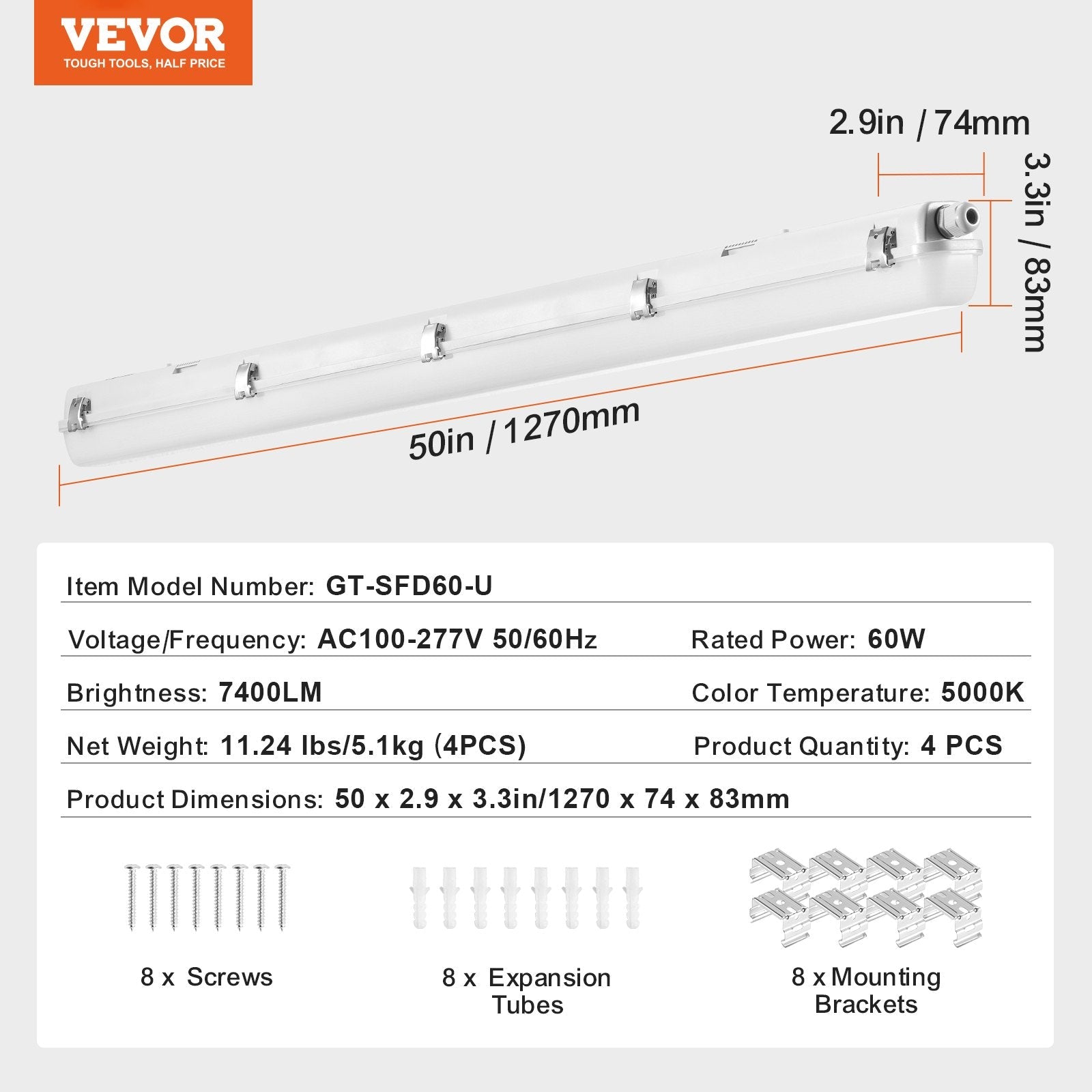 VEVOR 4PCS 4FT LED Vapor Tight Light 60W 7400LM Vapor Proof Light Fixture 5000K 