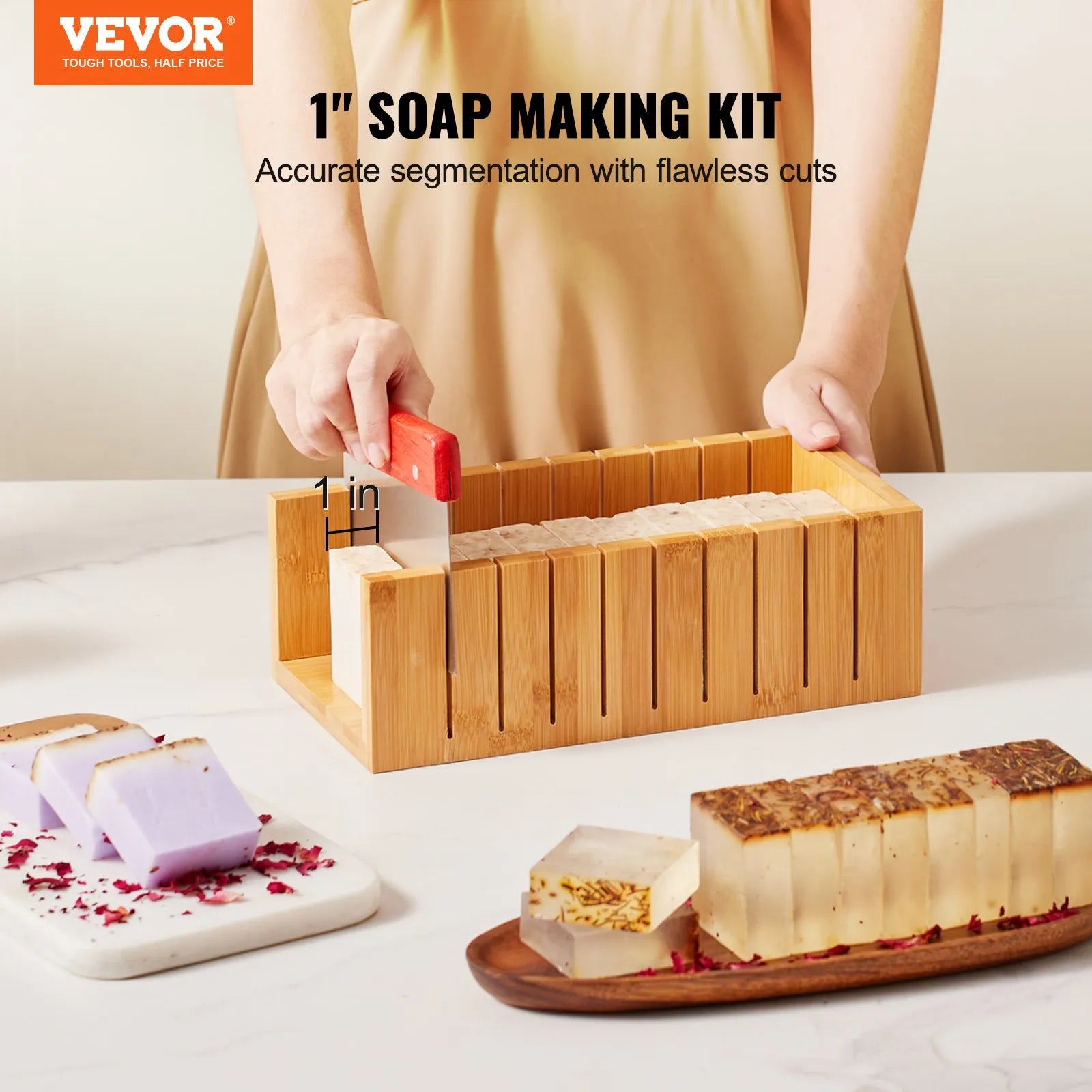 VEVOR Soap Making Kit, Bamboo Cutting Box and Inner Box with Silicone Mold, Stainless Steel Straight Cutter and Wavy Cutter, 100 Bags and 105 Stickers, Soap Making Supplies DIY Kits for Adults