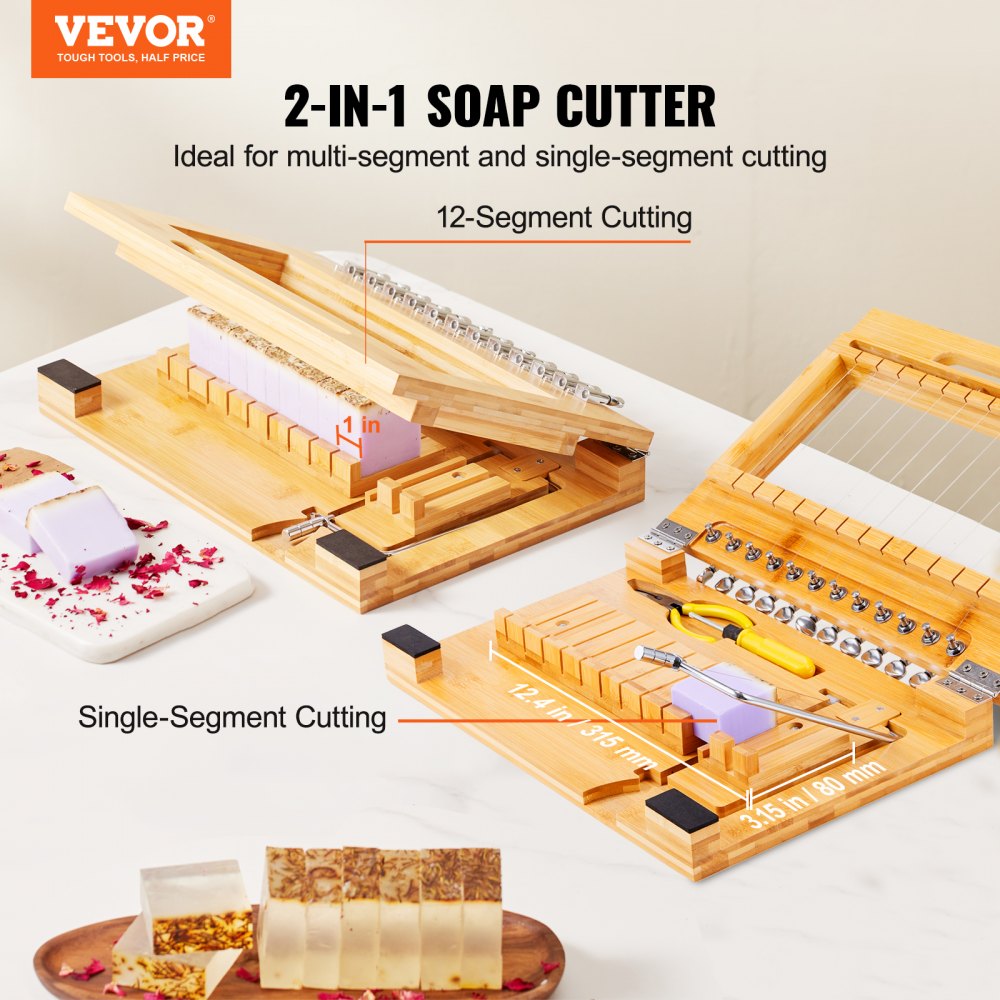 VEVOR Soap Cutter, Cut 1-12 Bars, Precisely and Accurately Cut 1 Inch Bars, Bamboo Soap Slicer With Steel Wire, Multi Handmade Soap Wire Cutter for Loaf Candles Cheese Butter DIY Making Tool 