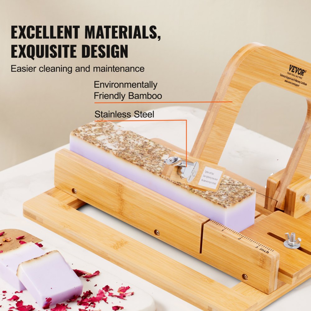 VEVOR Soap Cutter, 0-2 inch Adjustable Thickness, Bamboo Soap Slicer With Adjustable Stainless Steel Wire, Multi Handmade Soap Wire Cutter for Loaf, Candles, Cheese, Butter, DIY Making Cutting Tool 