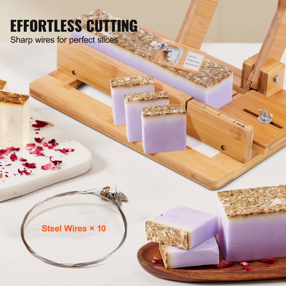 VEVOR Soap Cutter, 0-2 inch Adjustable Thickness, Bamboo Soap Slicer With Adjustable Stainless Steel Wire, Multi Handmade Soap Wire Cutter for Loaf, Candles, Cheese, Butter, DIY Making Cutting Tool 