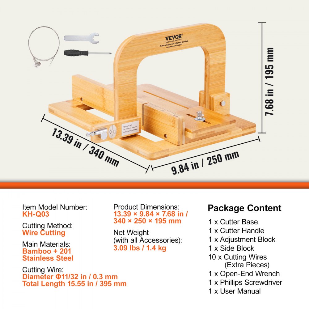 VEVOR Soap Cutter, 0-2 inch Adjustable Thickness, Bamboo Soap Slicer With Adjustable Stainless Steel Wire, Multi Handmade Soap Wire Cutter for Loaf, Candles, Cheese, Butter, DIY Making Cutting Tool 
