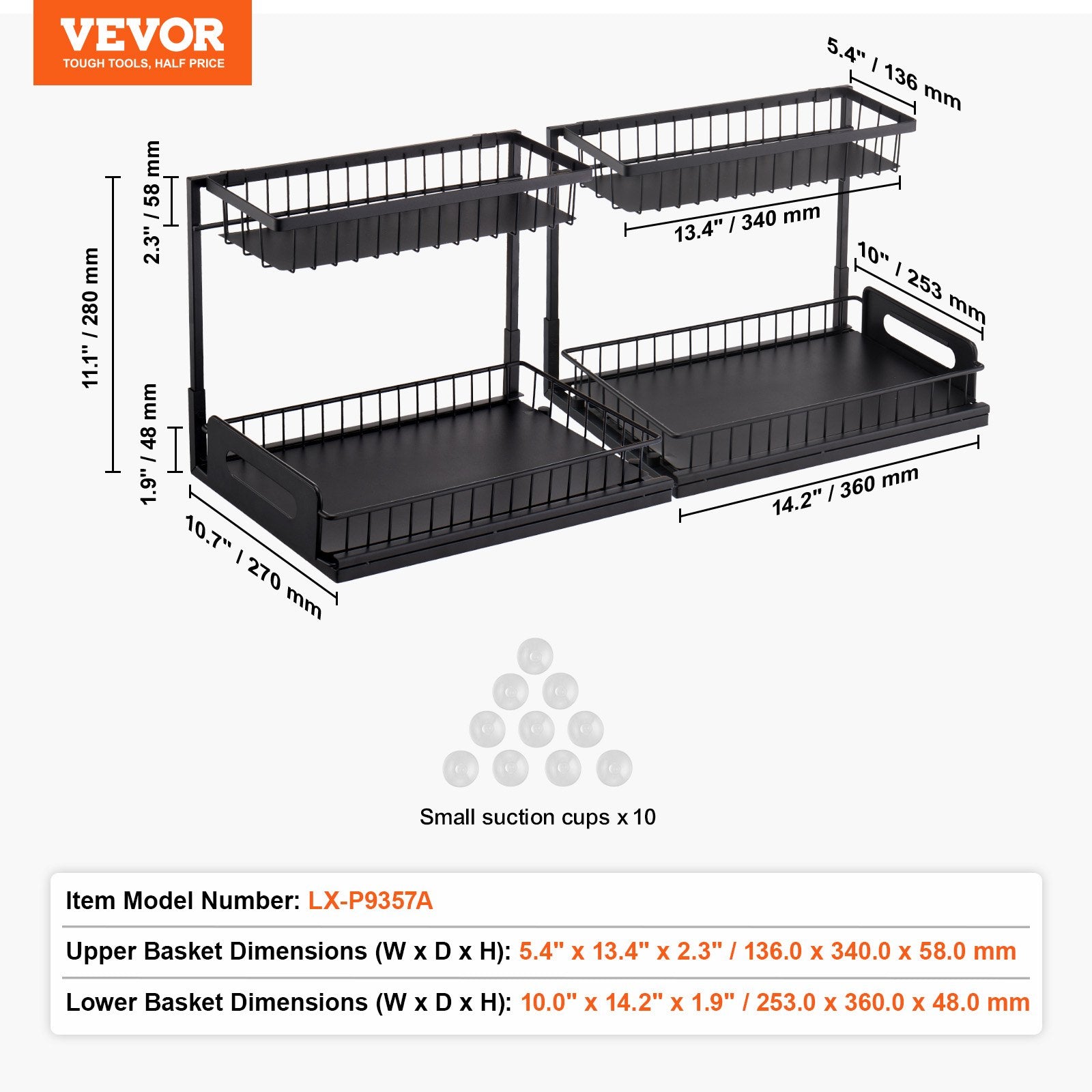 VEVOR 2-Tier Wire Pull Out Cabinet Under Sink Basket Organizer 10.7"x14.2" 2PCS 