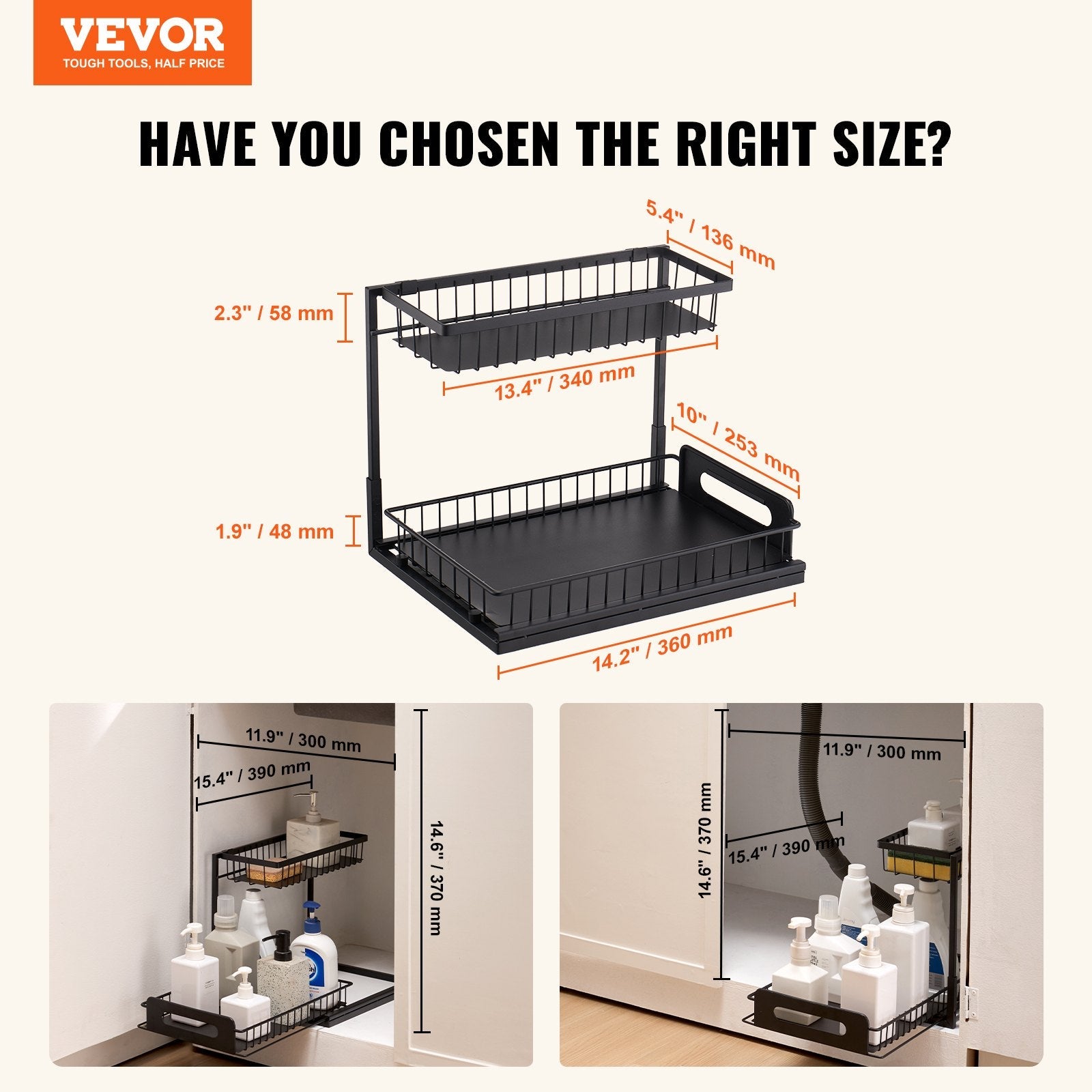 VEVOR 2-Tier Wire Pull Out Cabinet Under Sink Organizer 10.7"x14" Drawer Basket 
