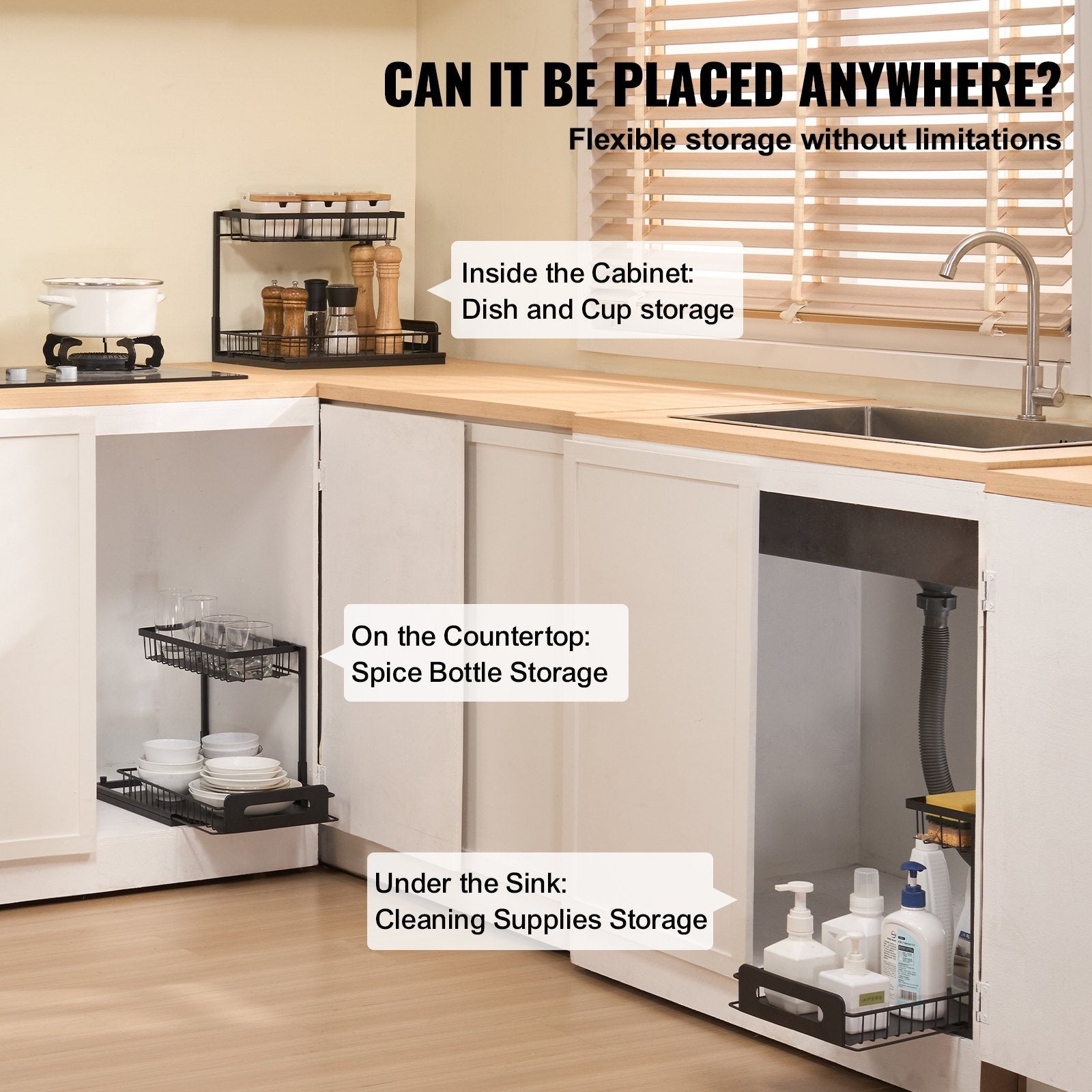 VEVOR 2-Tier Wire Pull Out Cabinet Under Sink Organizer 10.7"x14" Drawer Basket 