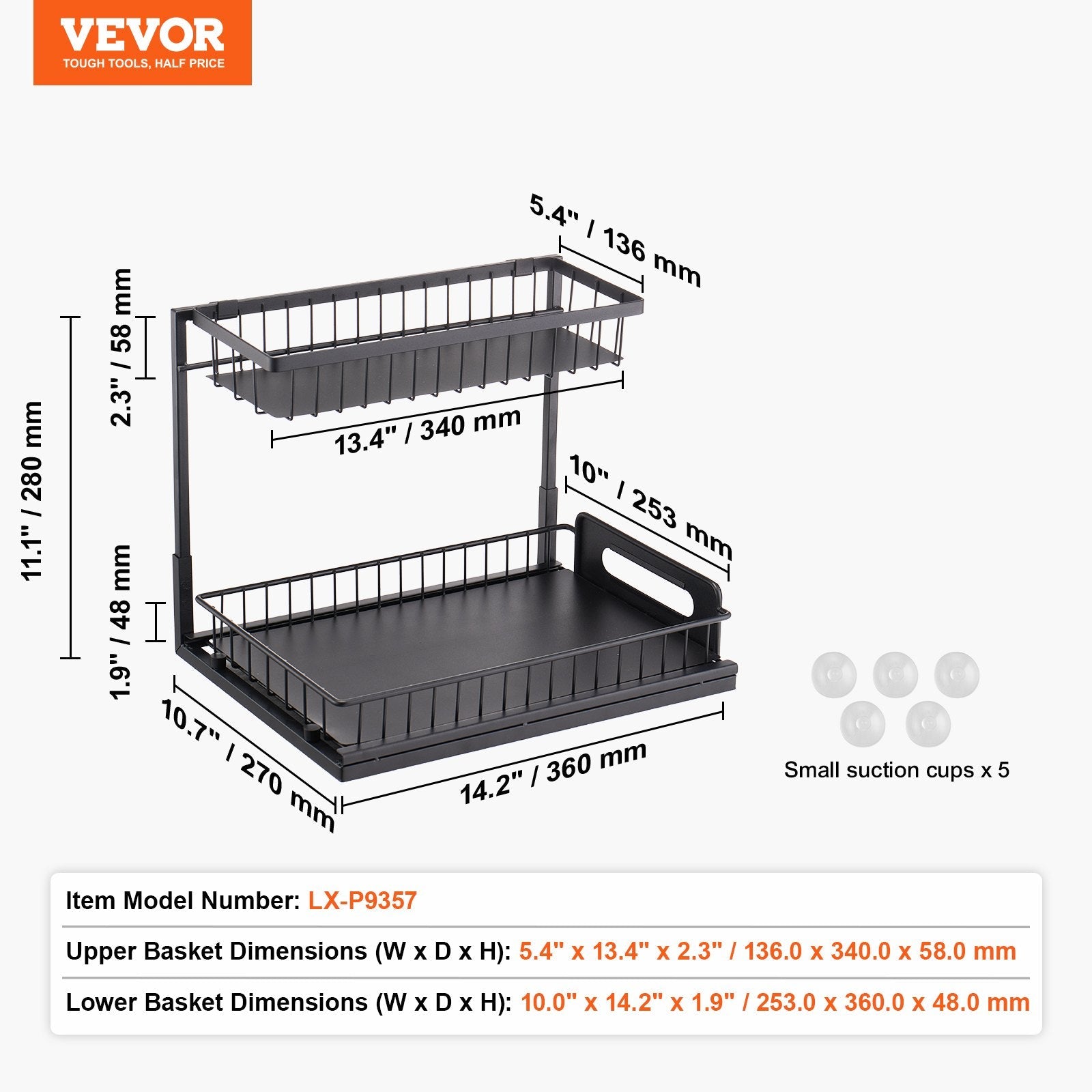 VEVOR 2-Tier Wire Pull Out Cabinet Under Sink Organizer 10.7"x14" Drawer Basket 