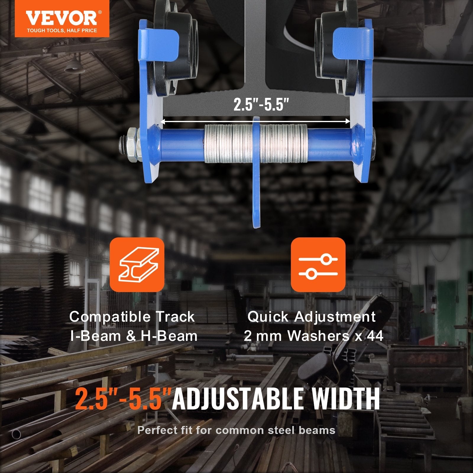 VEVOR Manual Trolley, 1100 lbs/0.5 Ton Load Capacity Push Beam Trolley with Dual Wheels, Adjustable for I-Beam Flange Width 2.5" to 5.5", Heavy Duty Alloy Steel Garage Hoist for Straight Curved I Beam 