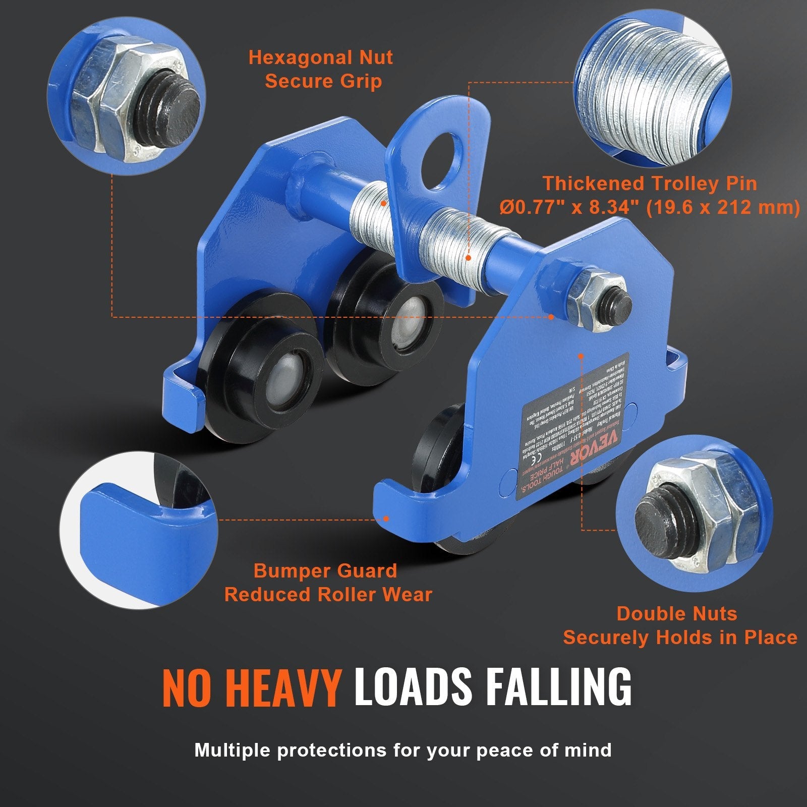 VEVOR Manual Trolley, 1100 lbs/0.5 Ton Load Capacity Push Beam Trolley with Dual Wheels, Adjustable for I-Beam Flange Width 2.5" to 5.5", Heavy Duty Alloy Steel Garage Hoist for Straight Curved I Beam 