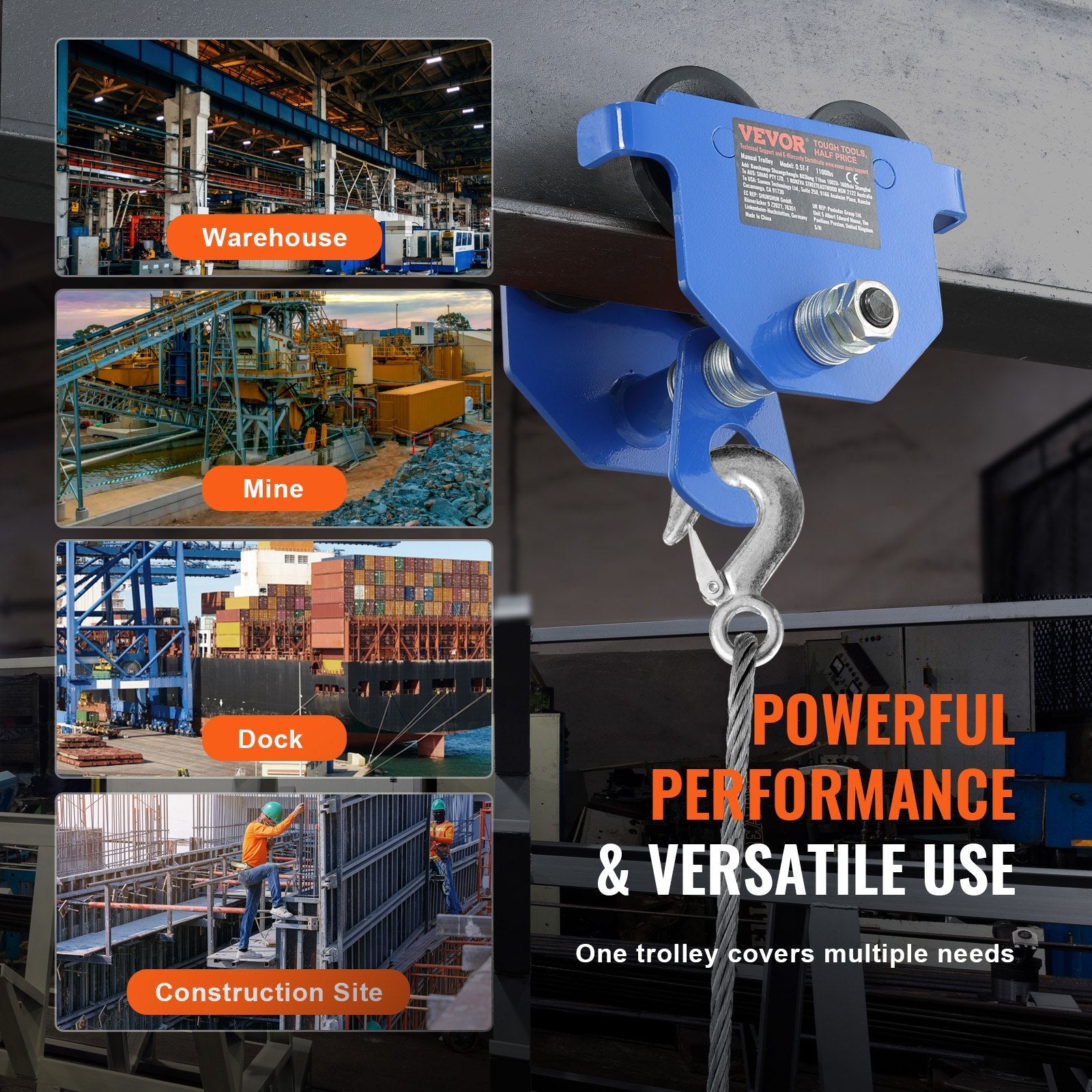 VEVOR Manual Trolley, 1100 lbs/0.5 Ton Load Capacity Push Beam Trolley with Dual Wheels, Adjustable for I-Beam Flange Width 2.5" to 5.5", Heavy Duty Alloy Steel Garage Hoist for Straight Curved I Beam 