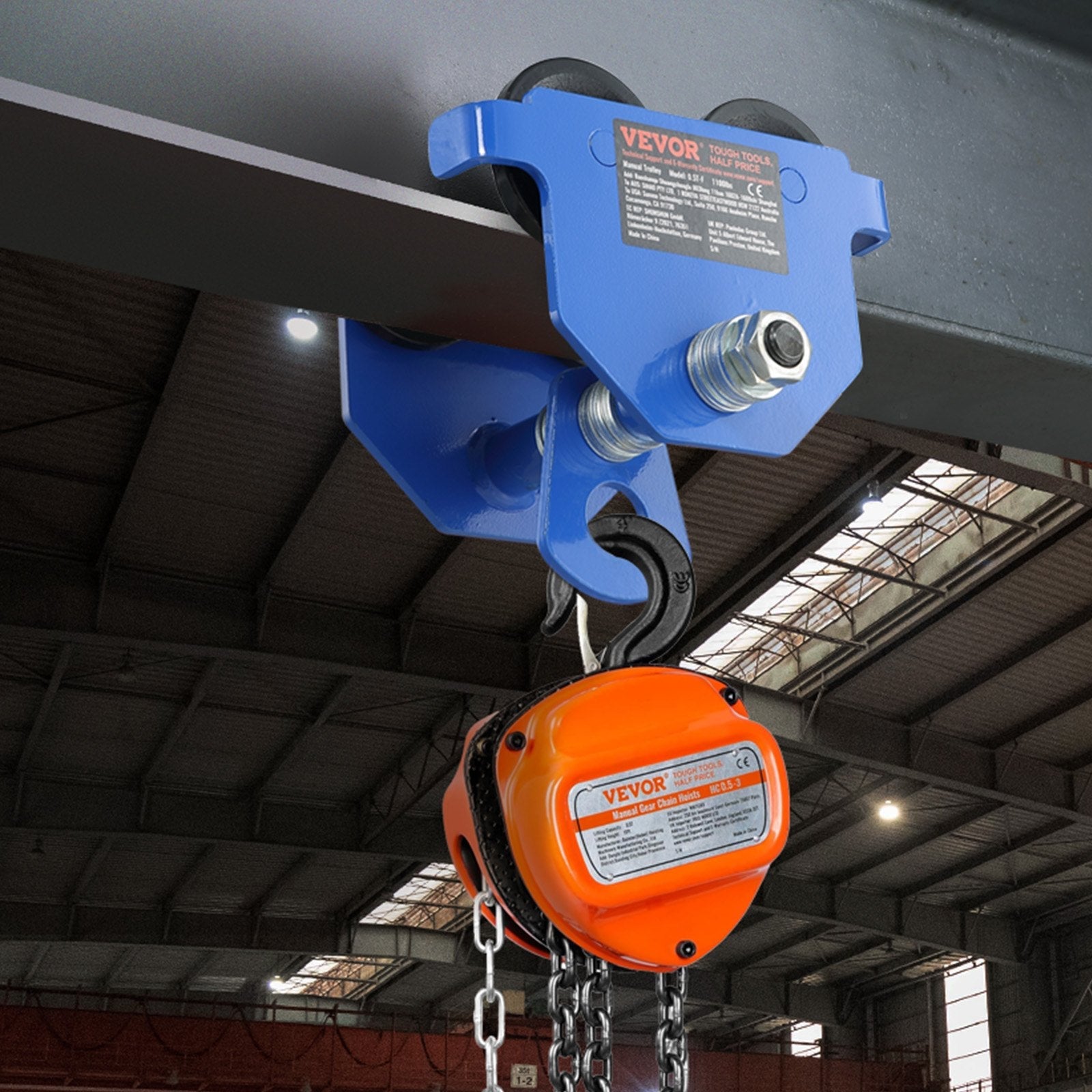 VEVOR Manual Trolley, 1100 lbs/0.5 Ton Load Capacity Push Beam Trolley with Dual Wheels, Adjustable for I-Beam Flange Width 2.5" to 5.5", Heavy Duty Alloy Steel Garage Hoist for Straight Curved I Beam 