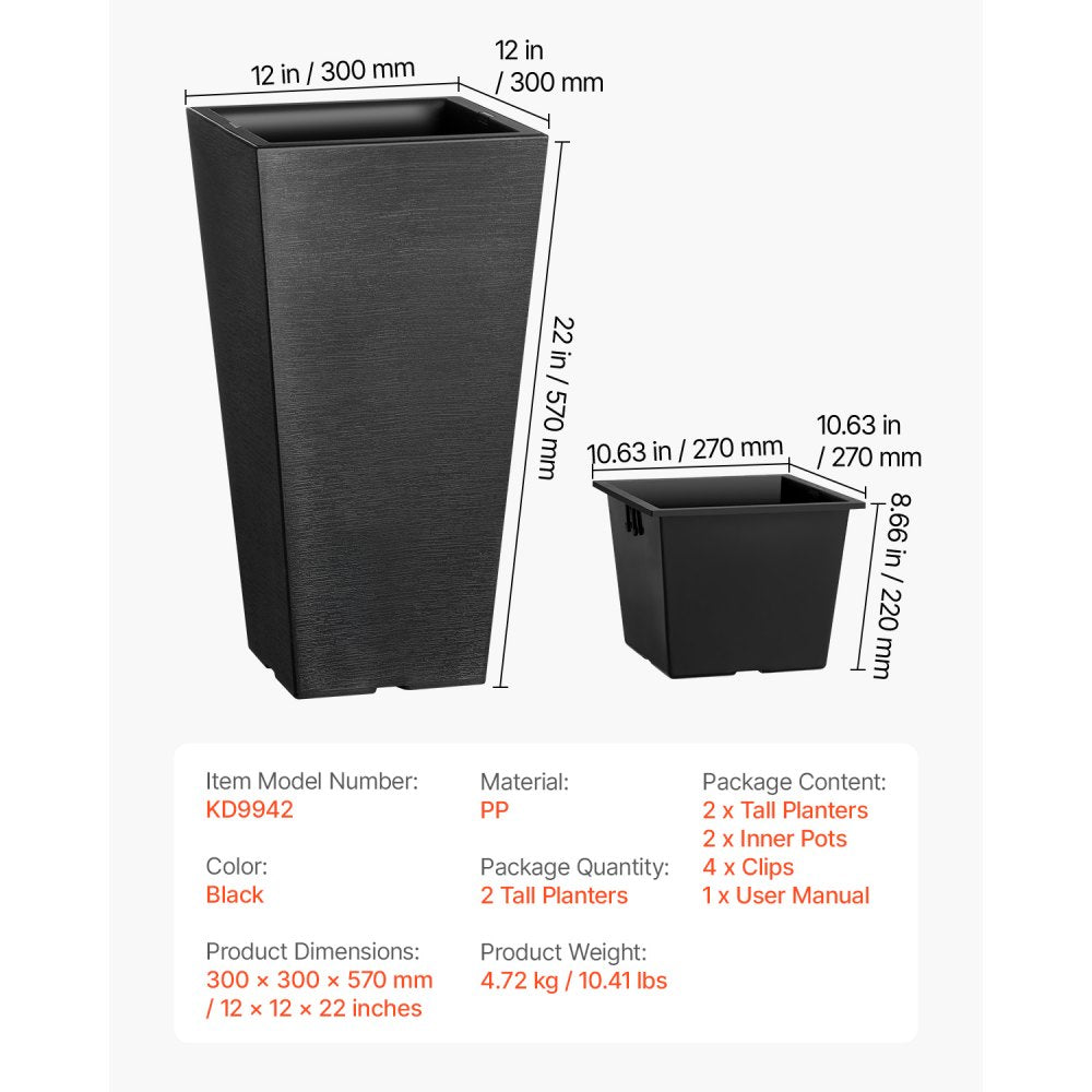 Tall Planter Set of 2 Square Tapered Planters 22 in for Outdoor Indoor 