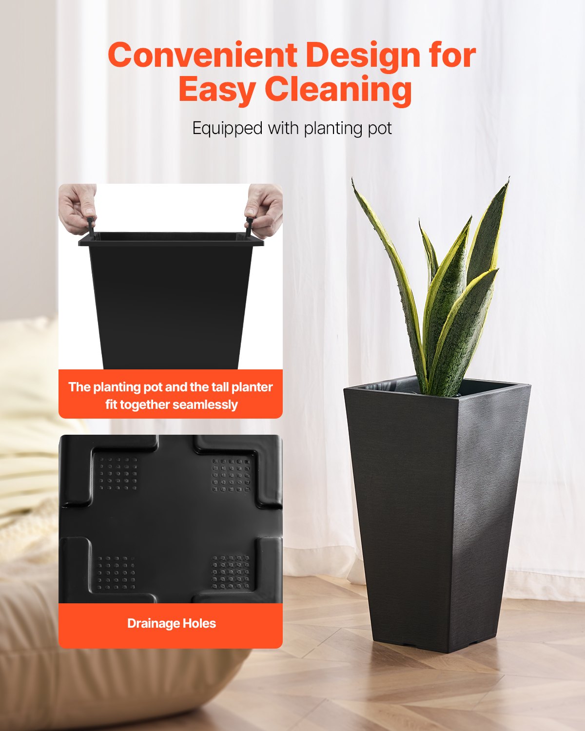 VEVOR Tall Planter Set of 2 Square Tapered Planters 22 in for Outdoor Indoor 