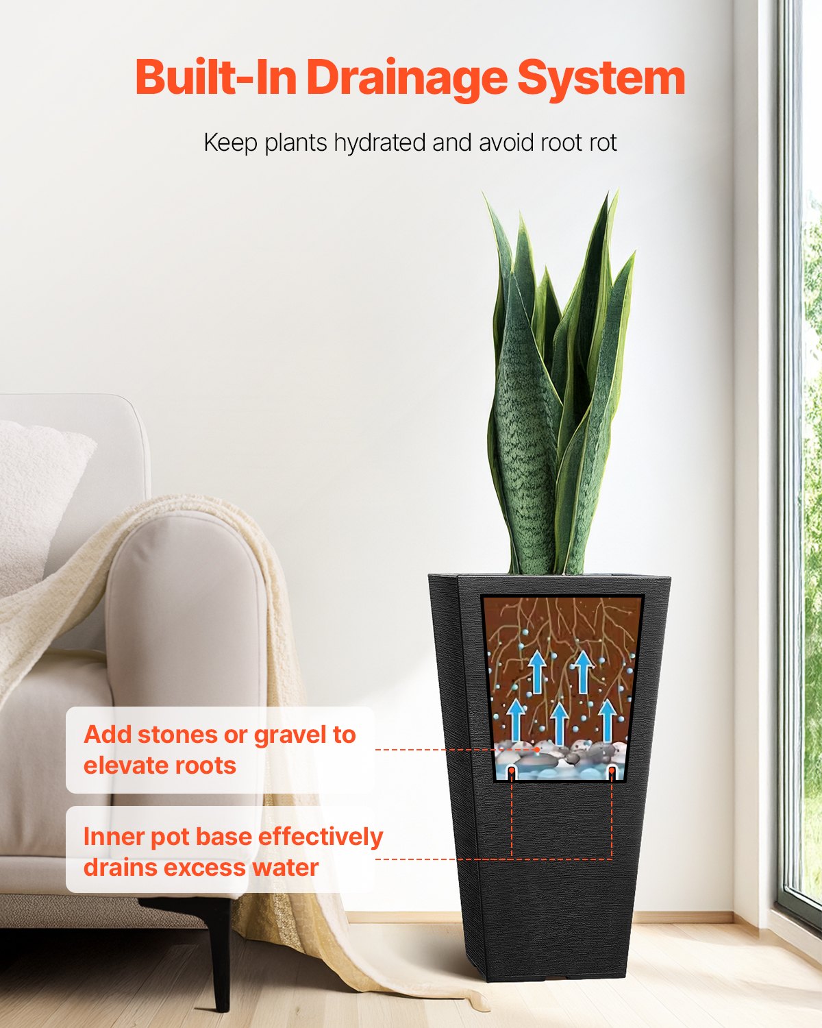 VEVOR Tall Planter Set of 2 Square Tapered Planters 22 in for Outdoor Indoor 