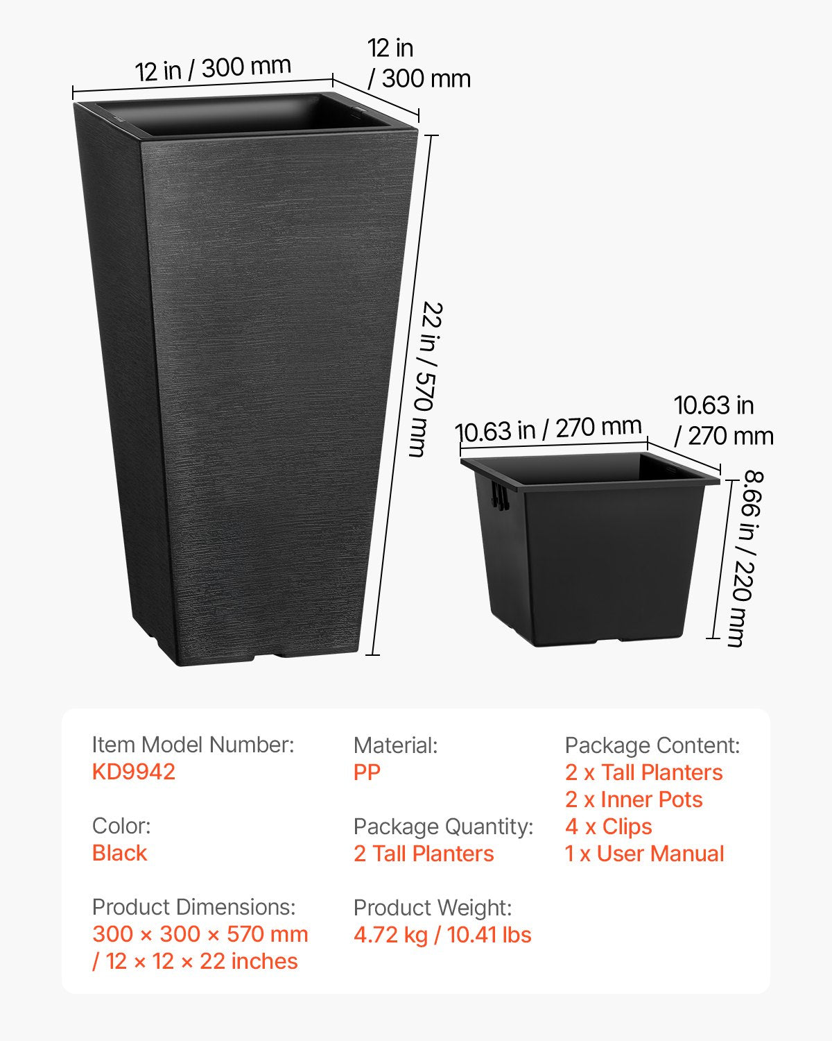 VEVOR Tall Planter Set of 2 Square Tapered Planters 22 in for Outdoor Indoor 