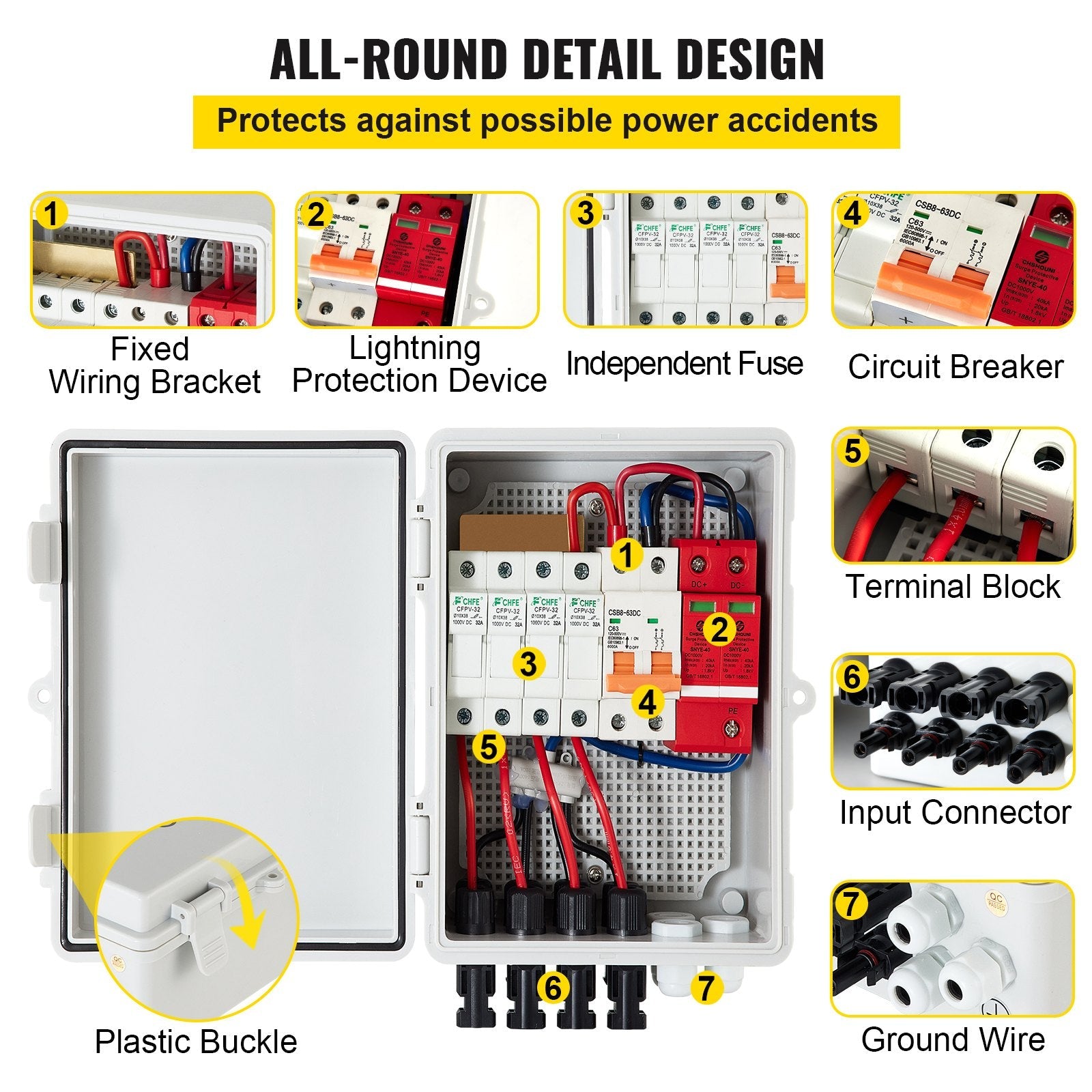 VEVOR PV Combiner Box, 4 String, Solar Combiner Box with 15A Rated Current Fuse, 63A Circuit Breaker, Lightning Arreste and Solar Connector, for On / Off Grid Solar Panel System, IP65 Waterproof 