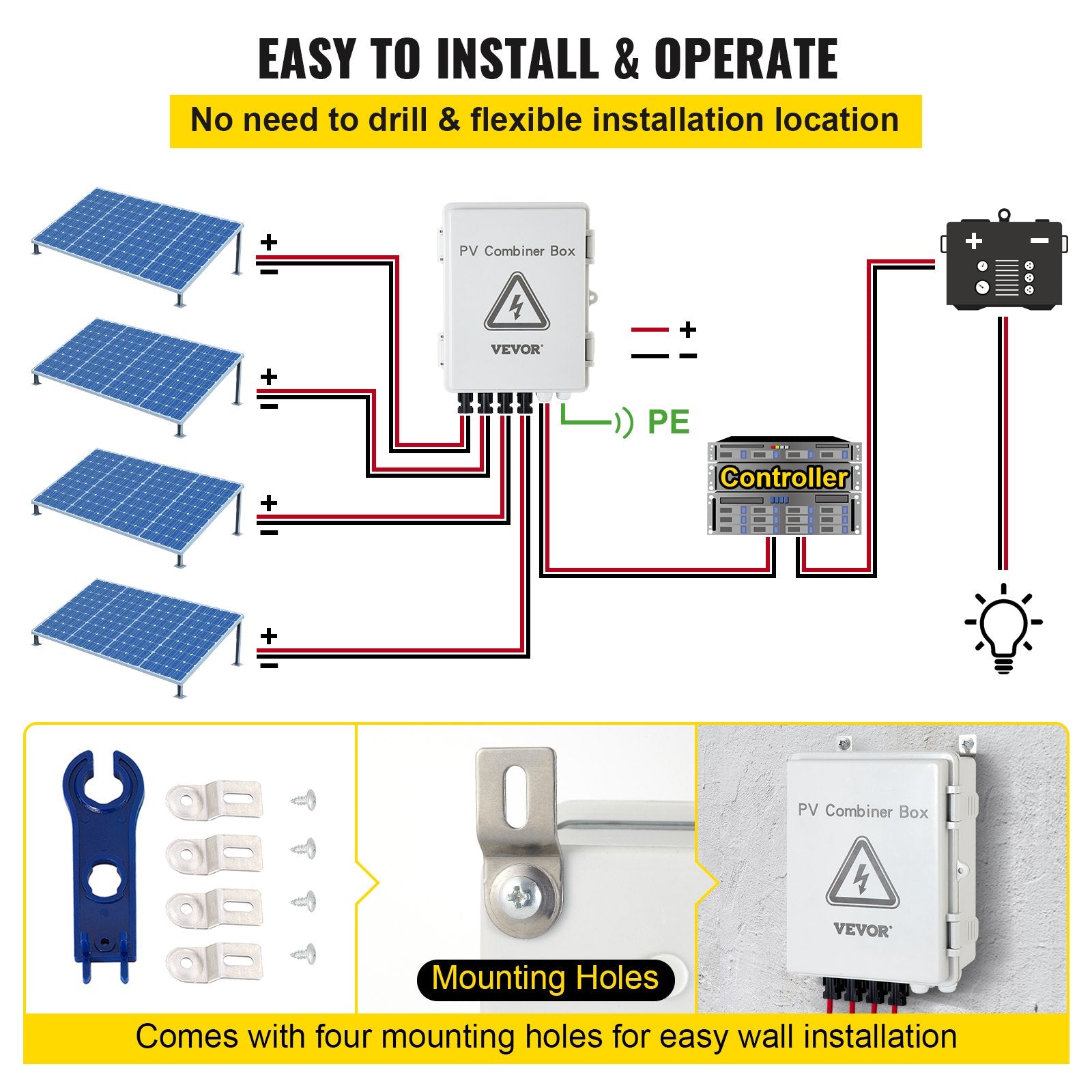 VEVOR PV Combiner Box, 4 String, Solar Combiner Box with 15A Rated Current Fuse, 63A Circuit Breaker, Lightning Arreste and Solar Connector, for On / Off Grid Solar Panel System, IP65 Waterproof 