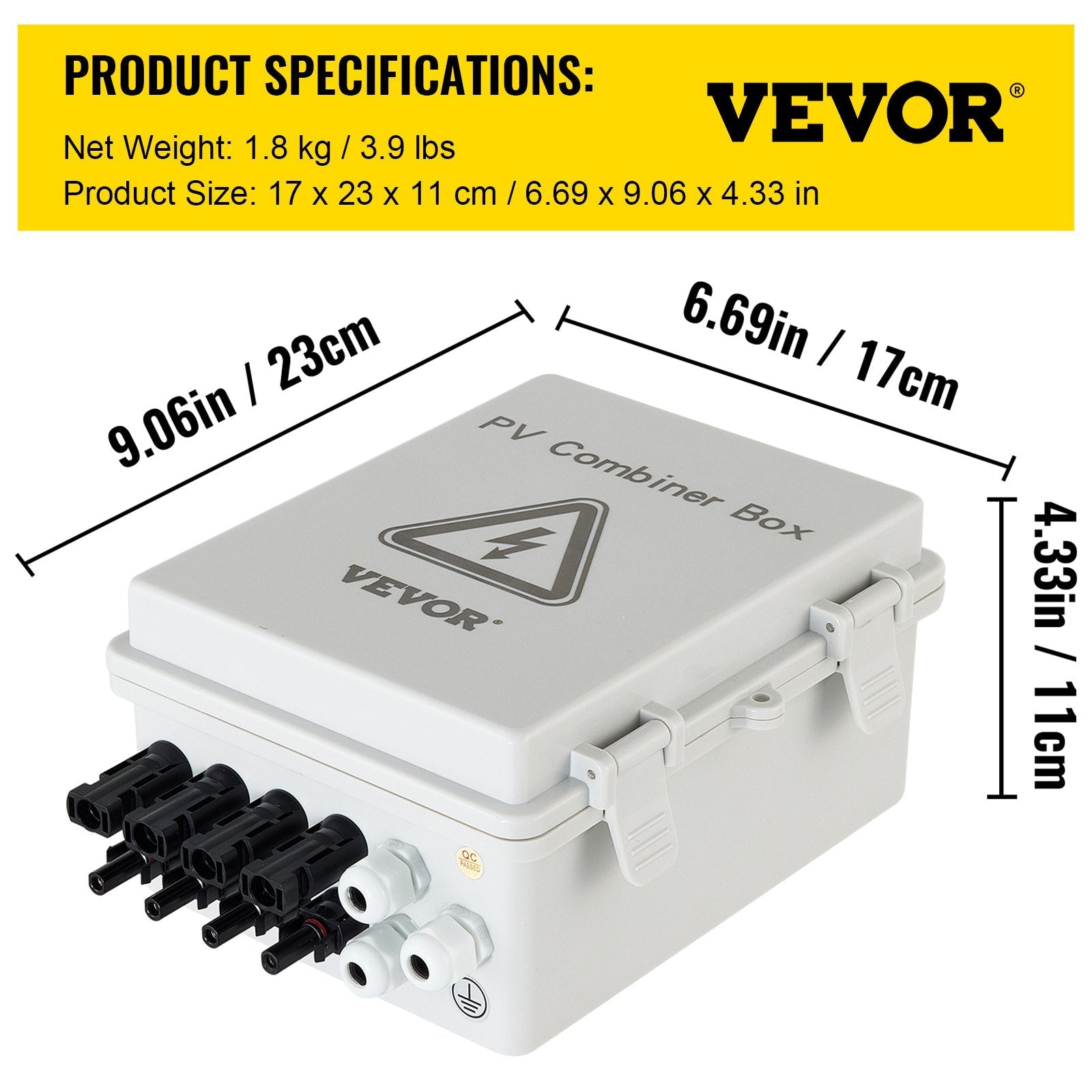 VEVOR PV Combiner Box, 4 String, Solar Combiner Box with 15A Rated Current Fuse, 63A Circuit Breaker, Lightning Arreste and Solar Connector, for On / Off Grid Solar Panel System, IP65 Waterproof 