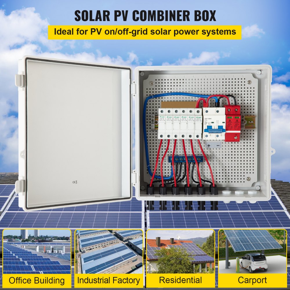 VEVOR PV Combiner Box, 6 String, Solar Combiner Box with 15A Rated Current Fuse, 125A Circuit Breaker, Lightning Arreste and Solar Connector, for On / Off Grid Solar Panel System, IP65 Waterproof 