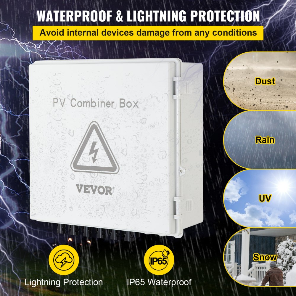 VEVOR PV Combiner Box, 6 String, Solar Combiner Box with 15A Rated Current Fuse, 125A Circuit Breaker, Lightning Arreste and Solar Connector, for On / Off Grid Solar Panel System, IP65 Waterproof 