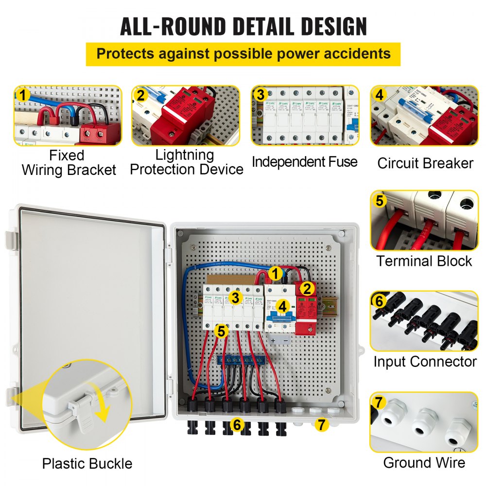 VEVOR PV Combiner Box, 6 String, Solar Combiner Box with 15A Rated Current Fuse, 125A Circuit Breaker, Lightning Arreste and Solar Connector, for On / Off Grid Solar Panel System, IP65 Waterproof 