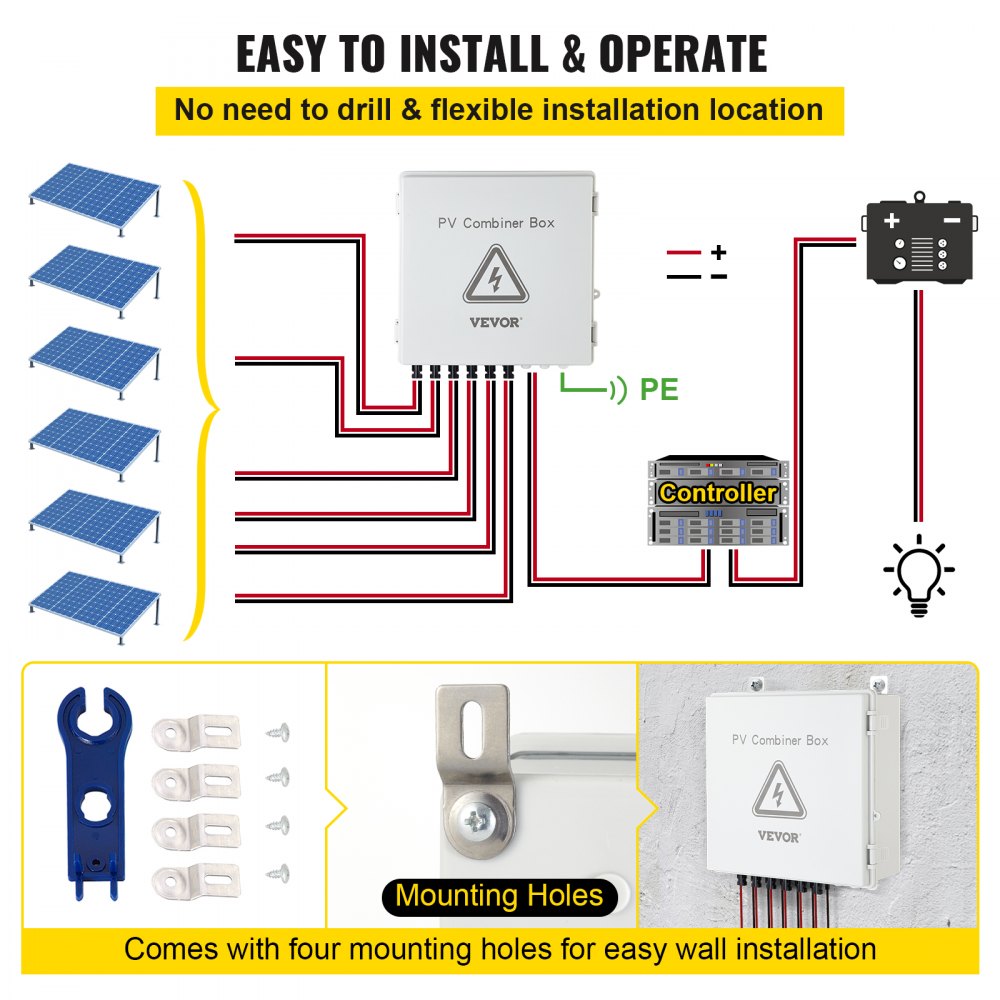 VEVOR PV Combiner Box, 6 String, Solar Combiner Box with 15A Rated Current Fuse, 125A Circuit Breaker, Lightning Arreste and Solar Connector, for On / Off Grid Solar Panel System, IP65 Waterproof 