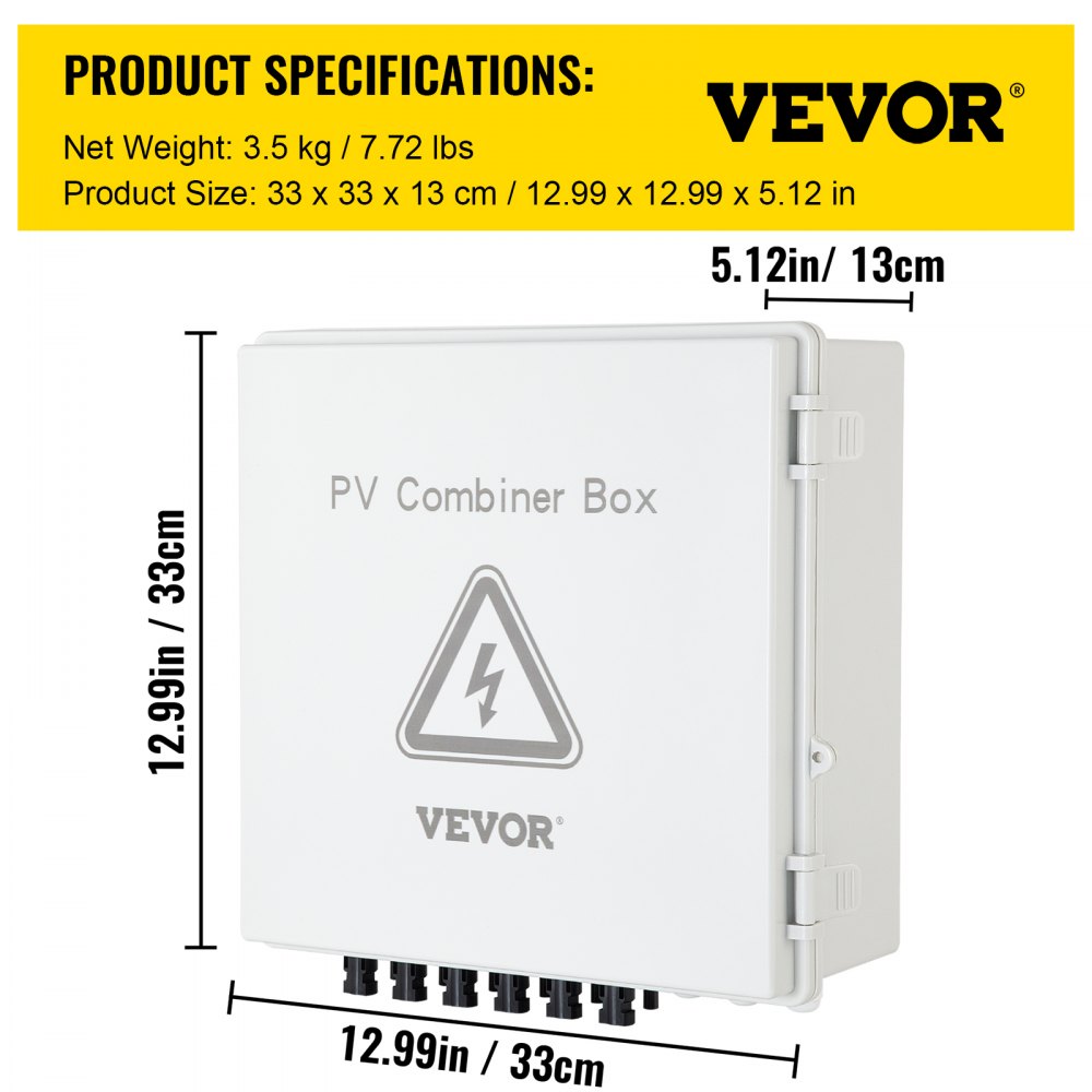 VEVOR PV Combiner Box, 6 String, Solar Combiner Box with 15A Rated Current Fuse, 125A Circuit Breaker, Lightning Arreste and Solar Connector, for On / Off Grid Solar Panel System, IP65 Waterproof 