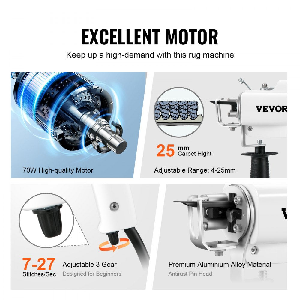 VEVOR Tufting Gun, Cut Pile Electric Carpet Weaving Flocking Machine, Rug Machines Starter Kit, 7-27 Stitches/sec High Speed Rug Making Tools, 4-25 mm Adjustable Height, 110V 