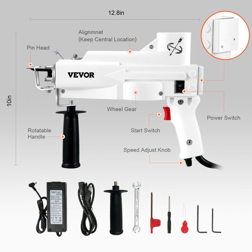 VEVOR Tufting Gun, Cut Pile Electric Carpet Weaving Flocking Machine, Rug Machines Starter Kit, 7-27 Stitches/sec High Speed Rug Making Tools, 4-25 mm Adjustable Height, 110V 