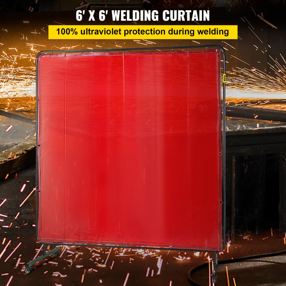 VEVOR Welding Screen with Frame 6\' x 6\', Welding Curtain with 4 Wheels, Welding Protection Screen Red Flame-Resistant Vinyl, Portable Light-Proof Professional 