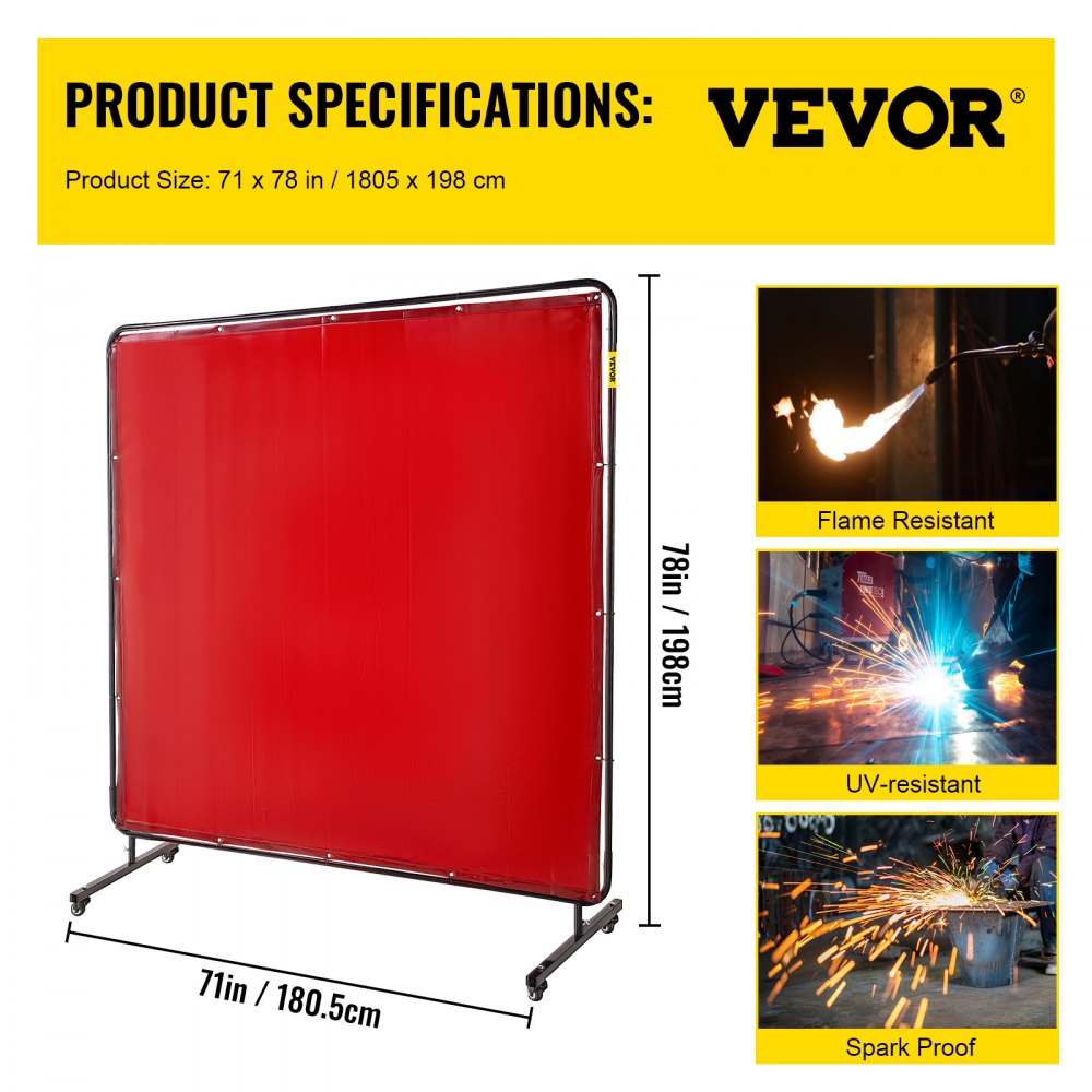 VEVOR Welding Screen with Frame 6\' x 6\', Welding Curtain with 4 Wheels, Welding Protection Screen Red Flame-Resistant Vinyl, Portable Light-Proof Professional 