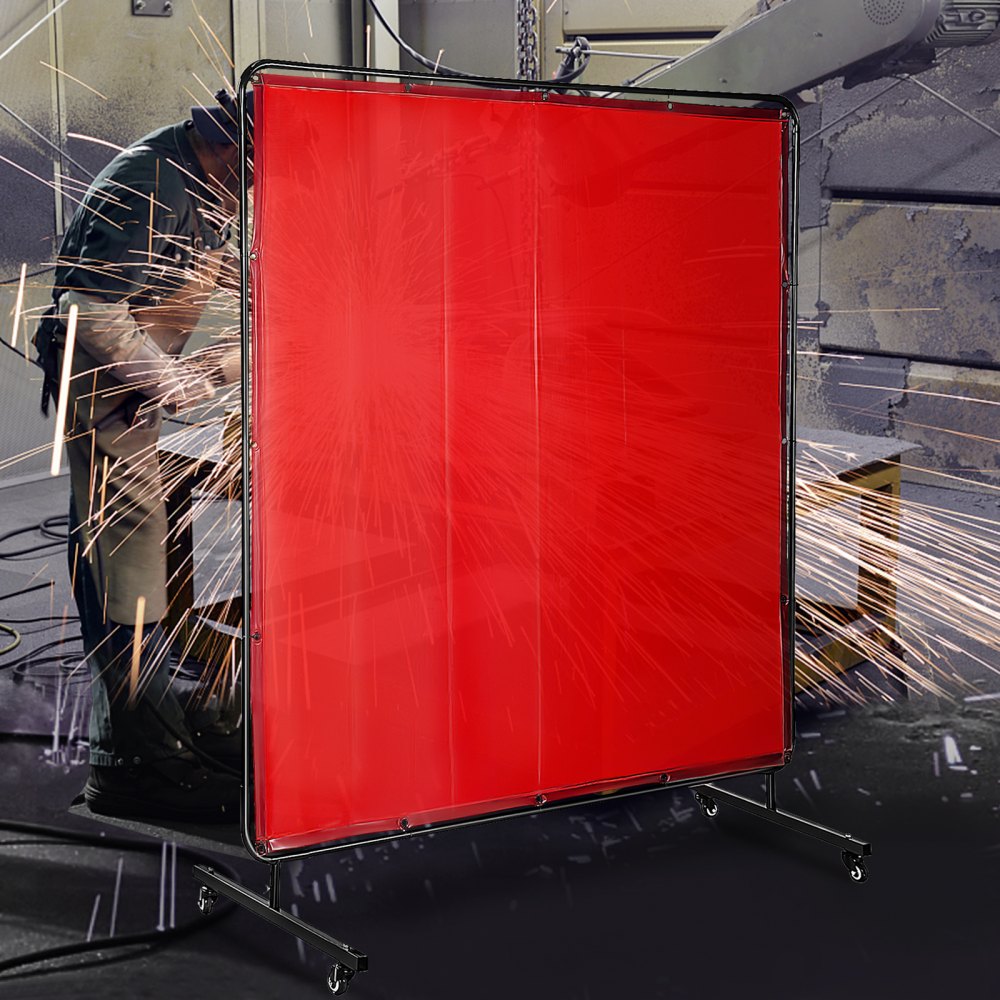 VEVOR Welding Screen with Frame 6\' x 6\', Welding Curtain with 4 Wheels, Welding Protection Screen Red Flame-Resistant Vinyl, Portable Light-Proof Professional 