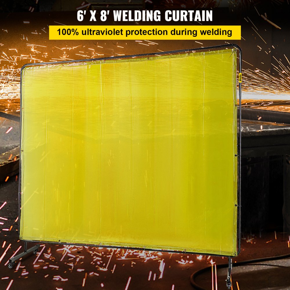 VEVOR Welding Screen with Frame 8\' x 6\', Welding Curtain with 4 Wheels, Welding Protection Screen Yellow Flame-Resistant Vinyl, Portable Light-Proof Professional 