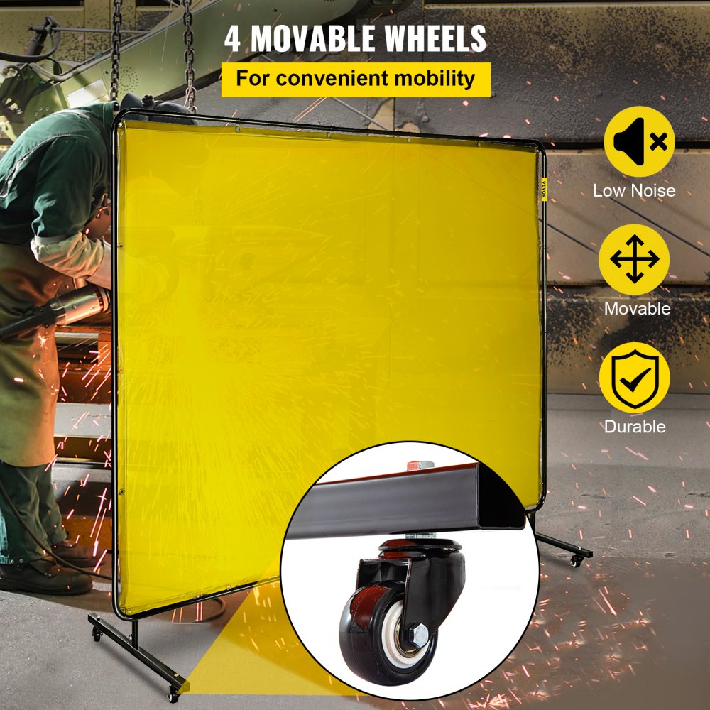 VEVOR Welding Screen with Frame 8\' x 6\', Welding Curtain with 4 Wheels, Welding Protection Screen Yellow Flame-Resistant Vinyl, Portable Light-Proof Professional 