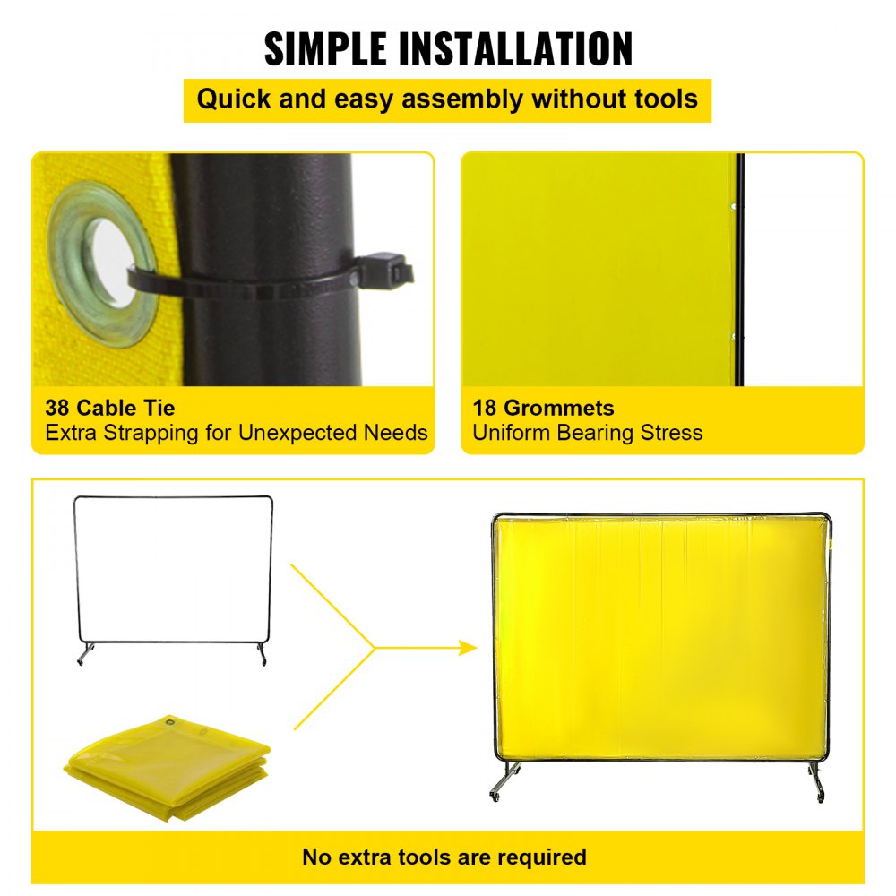 VEVOR Welding Screen with Frame 8\' x 6\', Welding Curtain with 4 Wheels, Welding Protection Screen Yellow Flame-Resistant Vinyl, Portable Light-Proof Professional 
