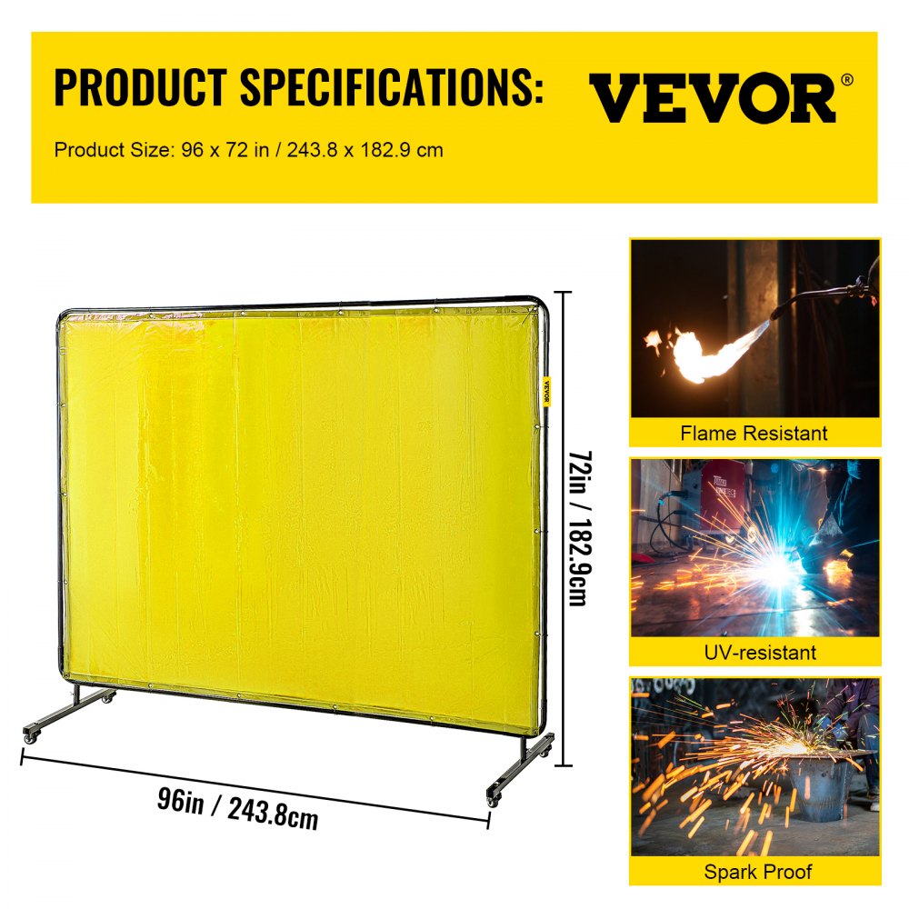 VEVOR Welding Screen with Frame 8\' x 6\', Welding Curtain with 4 Wheels, Welding Protection Screen Yellow Flame-Resistant Vinyl, Portable Light-Proof Professional 